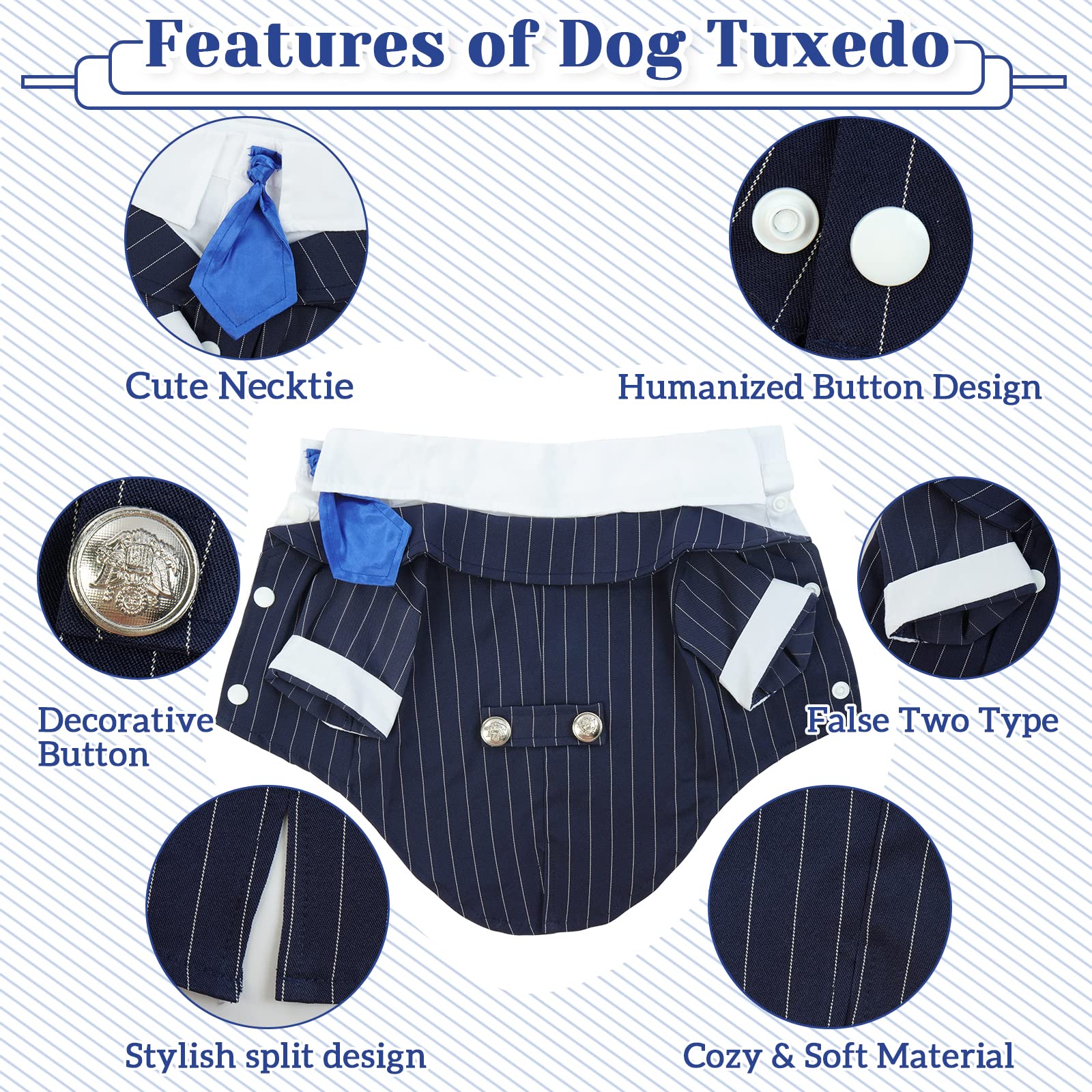Dentrun Navy Blue Dog Tuxedo - Formal Pinstripe Pet Suit Shirt With Satin Tie, Elegant Wedding Outfit Birthday Party Attire For