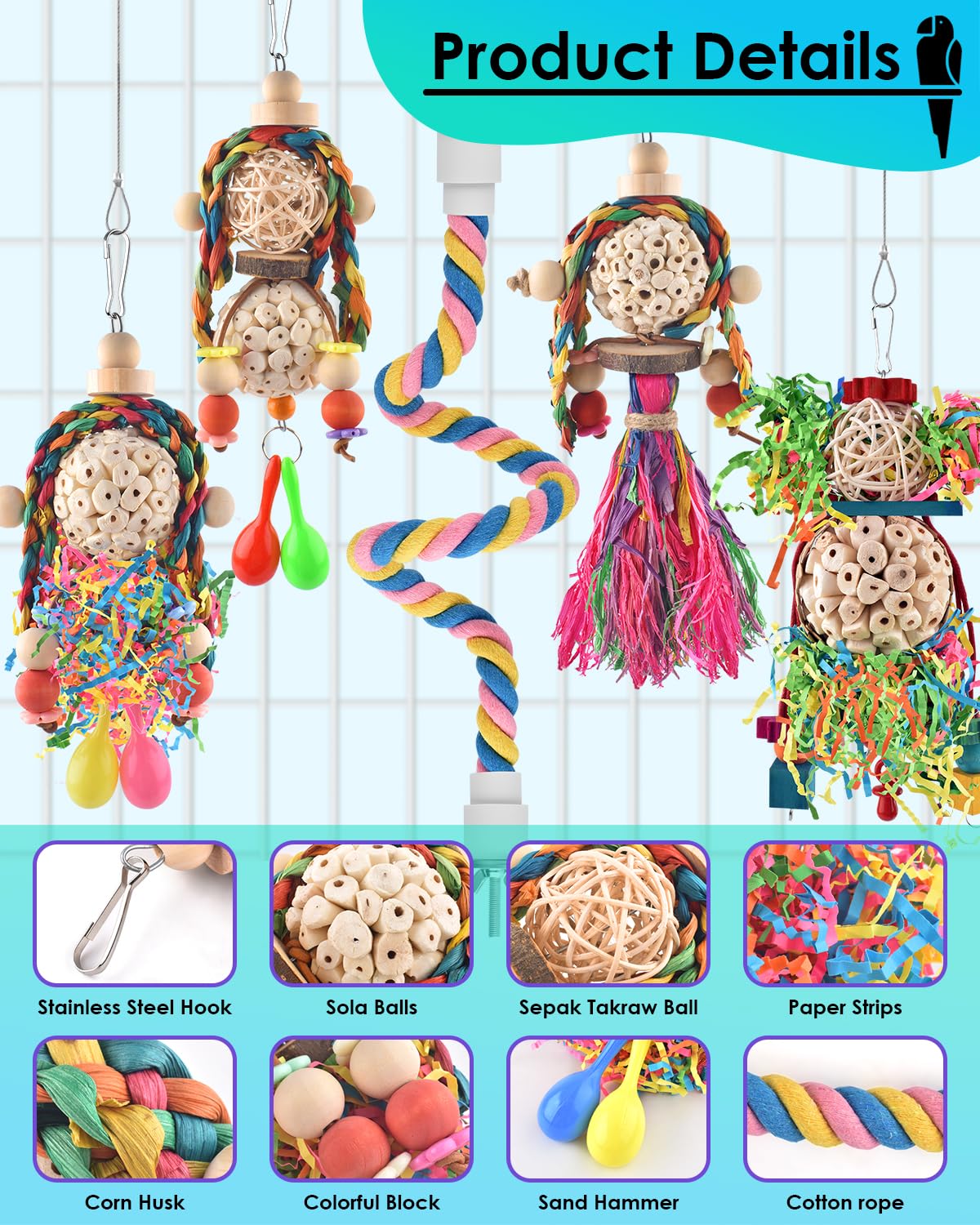 Bissap Conure Toys, 5 Pcs Bird Foraging Shredder Hanging Swing Rope Perch Toys Sola Balls With Sand Hammer For Small Parrots Par