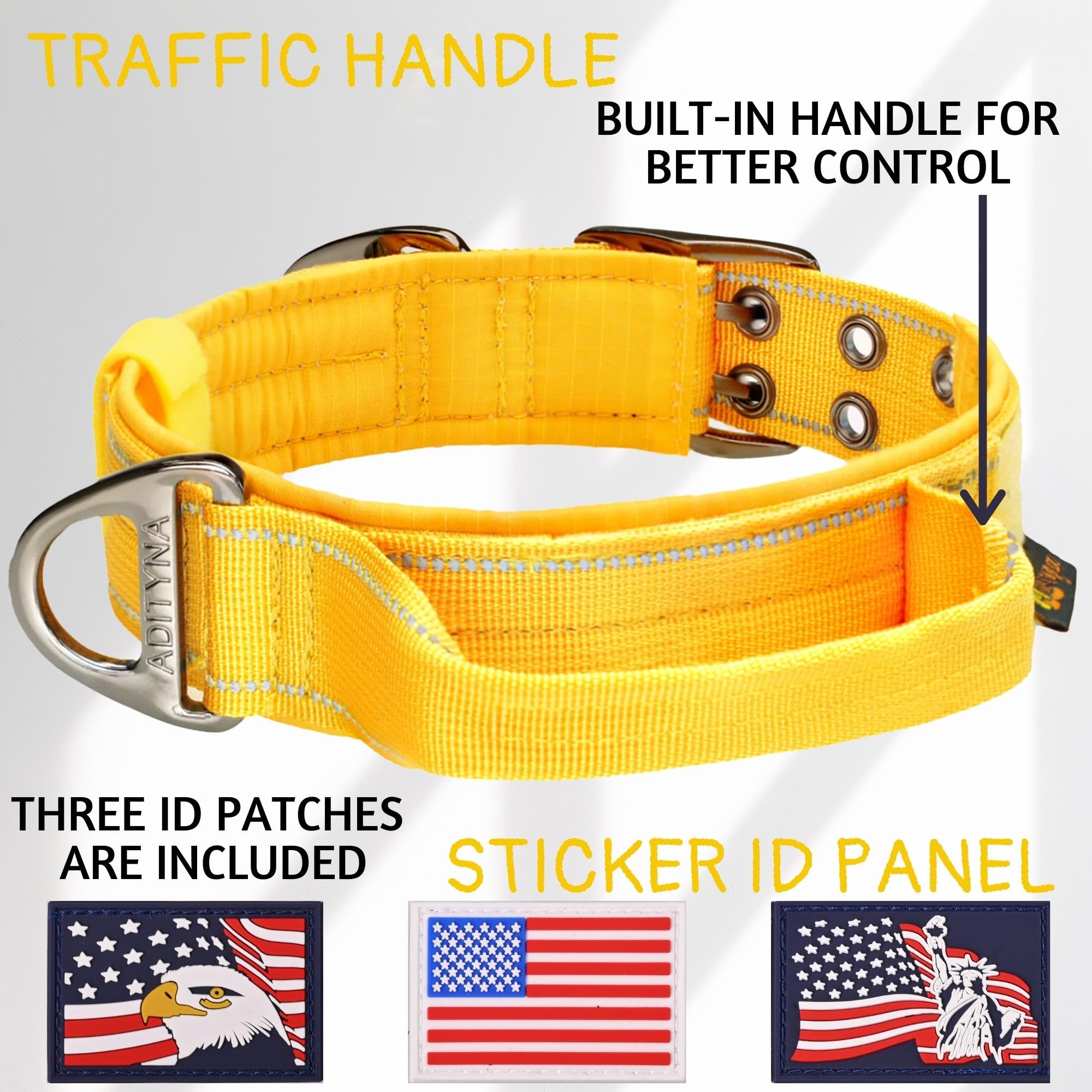 Adityna Heavy Duty Dog Collar For Extra-Large Dogs - Reflective Yellow Collar With Handle For Training, And Walking - Wide, Thic