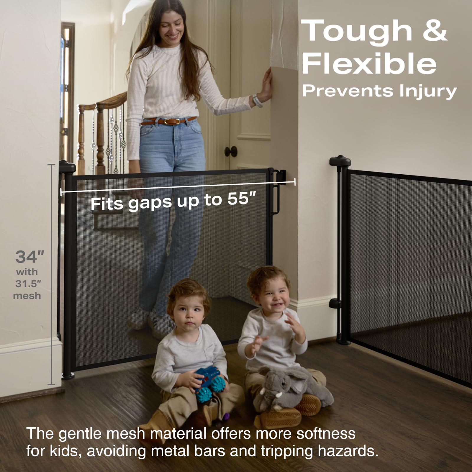 Cumbor 2-Pack Retractable Baby Gates For Stairs,55' Wide Soft Mesh Baby Gate For Dogs With One Hand Opening, 34' Tall Toddler Gate With Child-Proof Top Lock For Bedroom,Indoor/Outdoor, Black