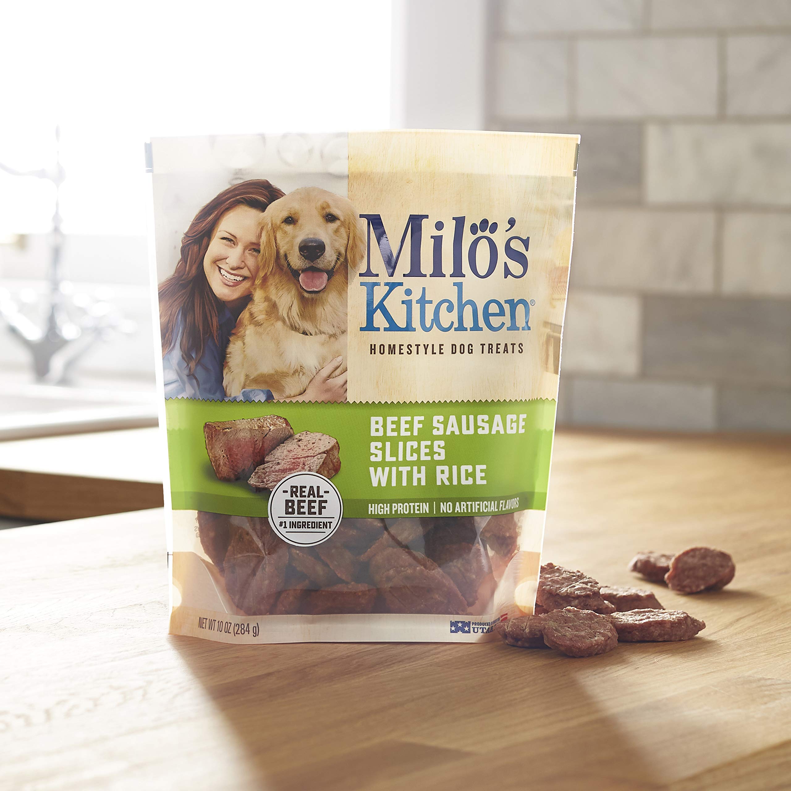 Milos Kitchen Home-Style Dog Treats 100% Real Beef Sausage Slices With Rice 3 Oz.