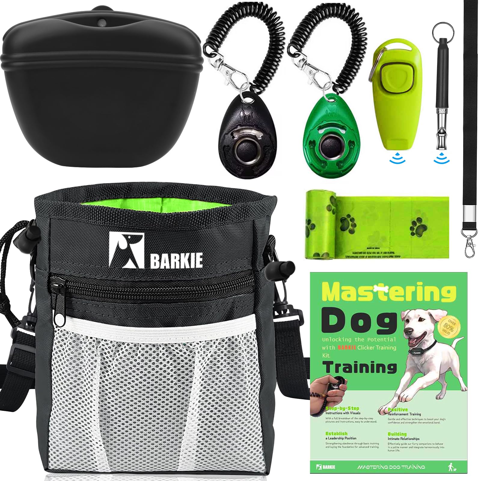 BARKIE Dog Training Kit - Treat Pouch, Pet Training Fanny Pack, 2 Puppy Training Clickers, Ultrasonic Silent Whistle, 2-in-1 Whi