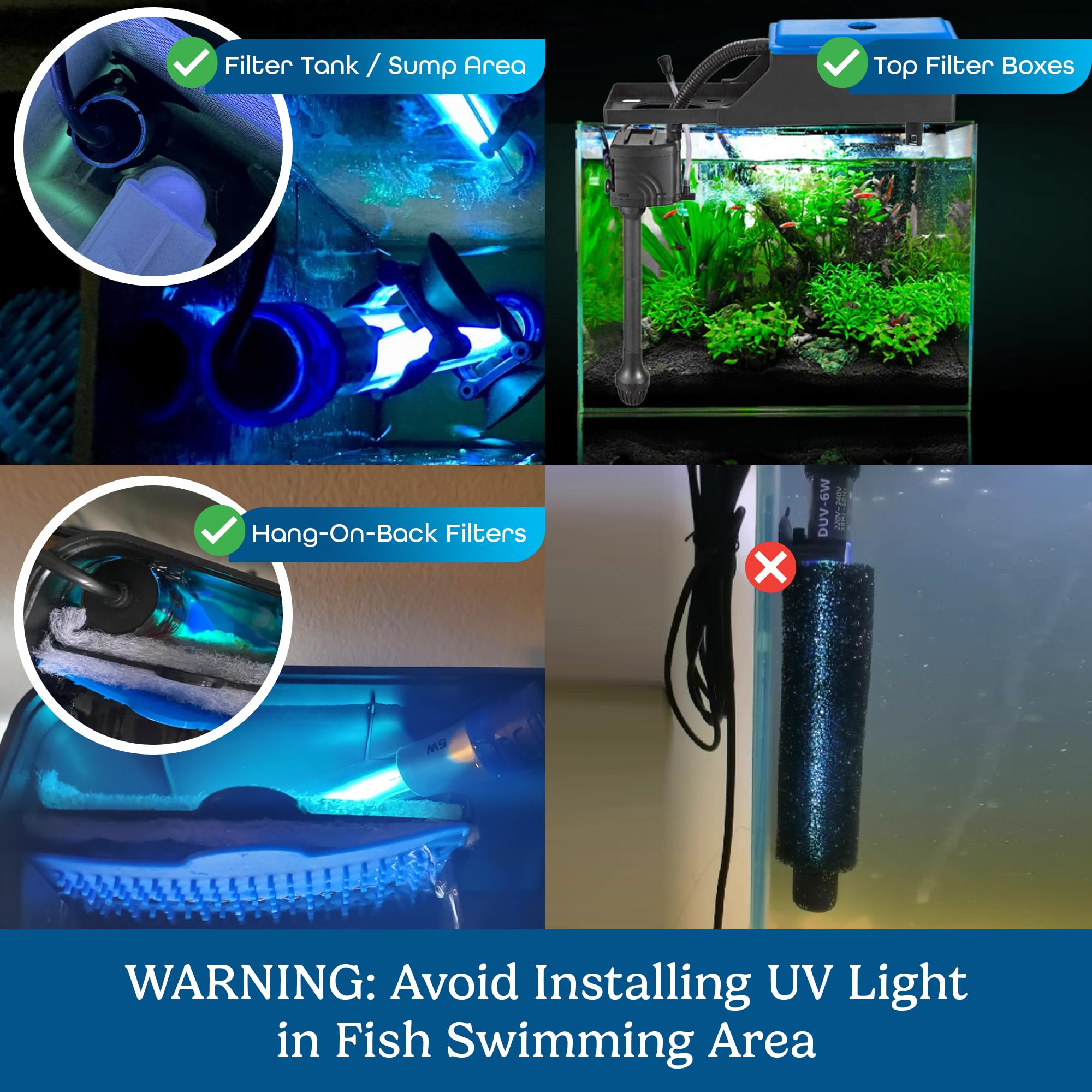 11W UV Light for Aquariums with 4 Timer Modes | UV-C Light for Sump Filters, Top & Bottom Filter Boxes, External Filter Chambers