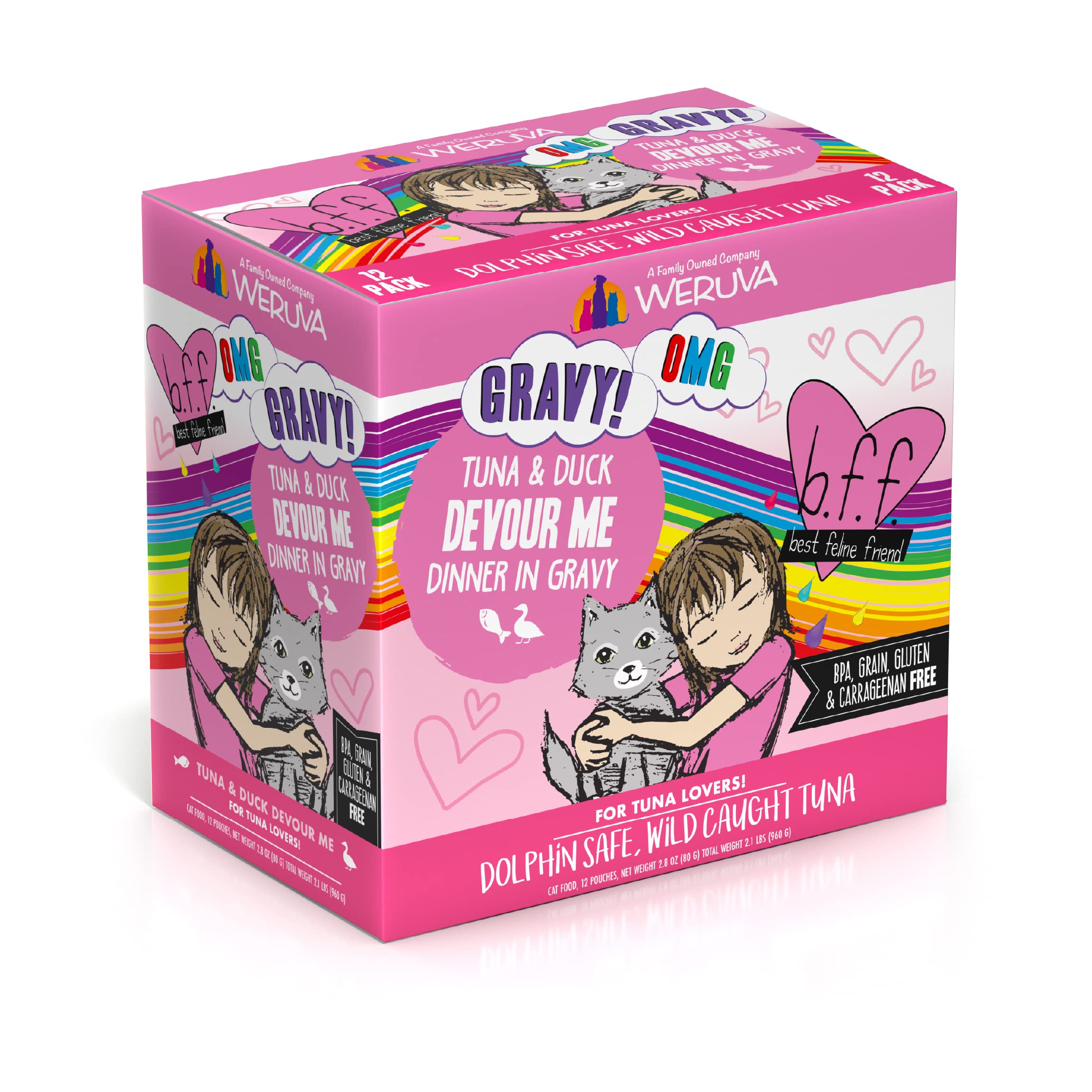 Weruva B.F.F. OMG - Best Feline Friend Oh My Gravy!, Tuna & Duck Devour Me with Tuna & Duck in Gravy Cat Food, 3oz Pouch (Pack o