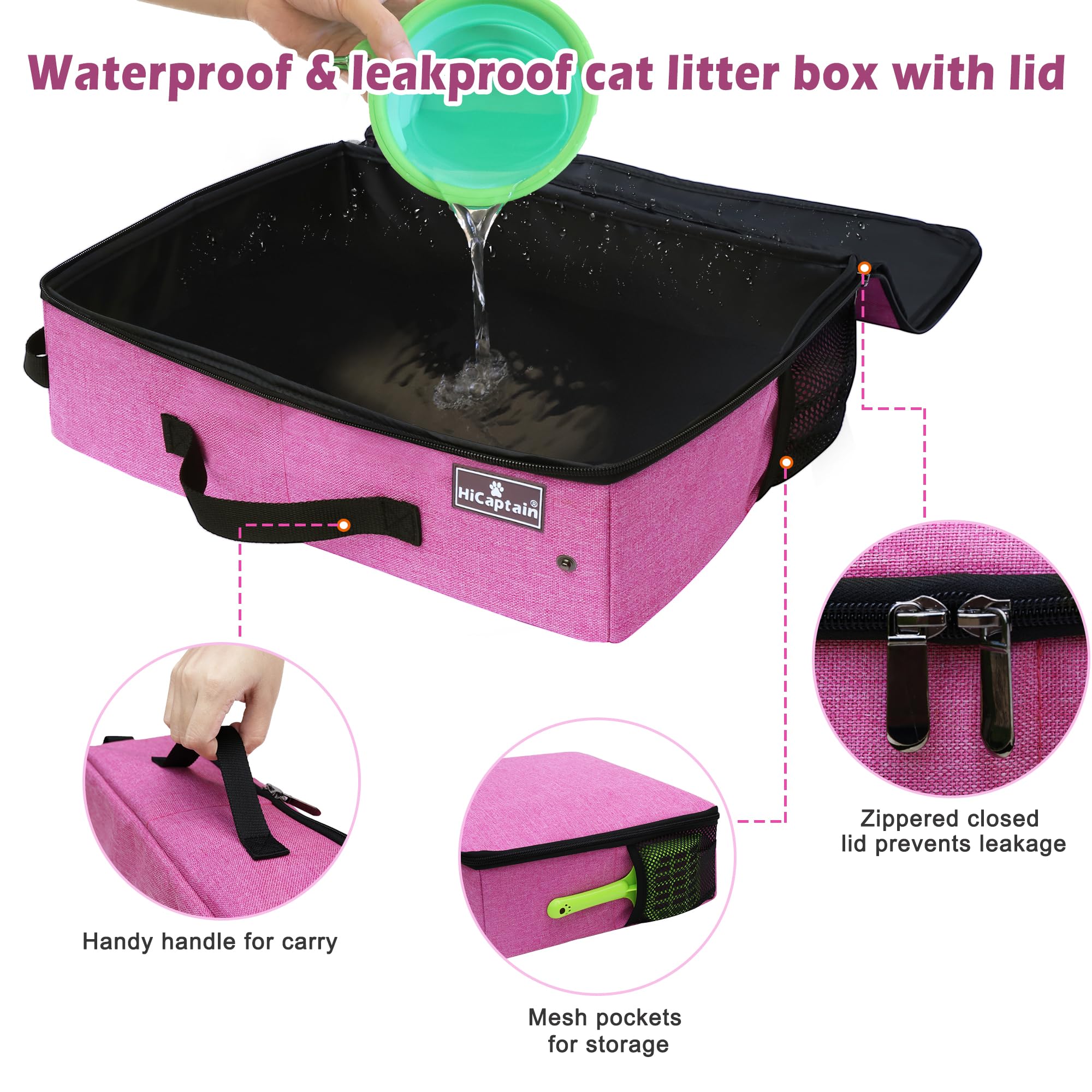 Hicaptain Portable Cat Travel Litter Box With Lid, Collapsible Travel Litter Box For Medium And Large Cats, Leak Proof, Foldable