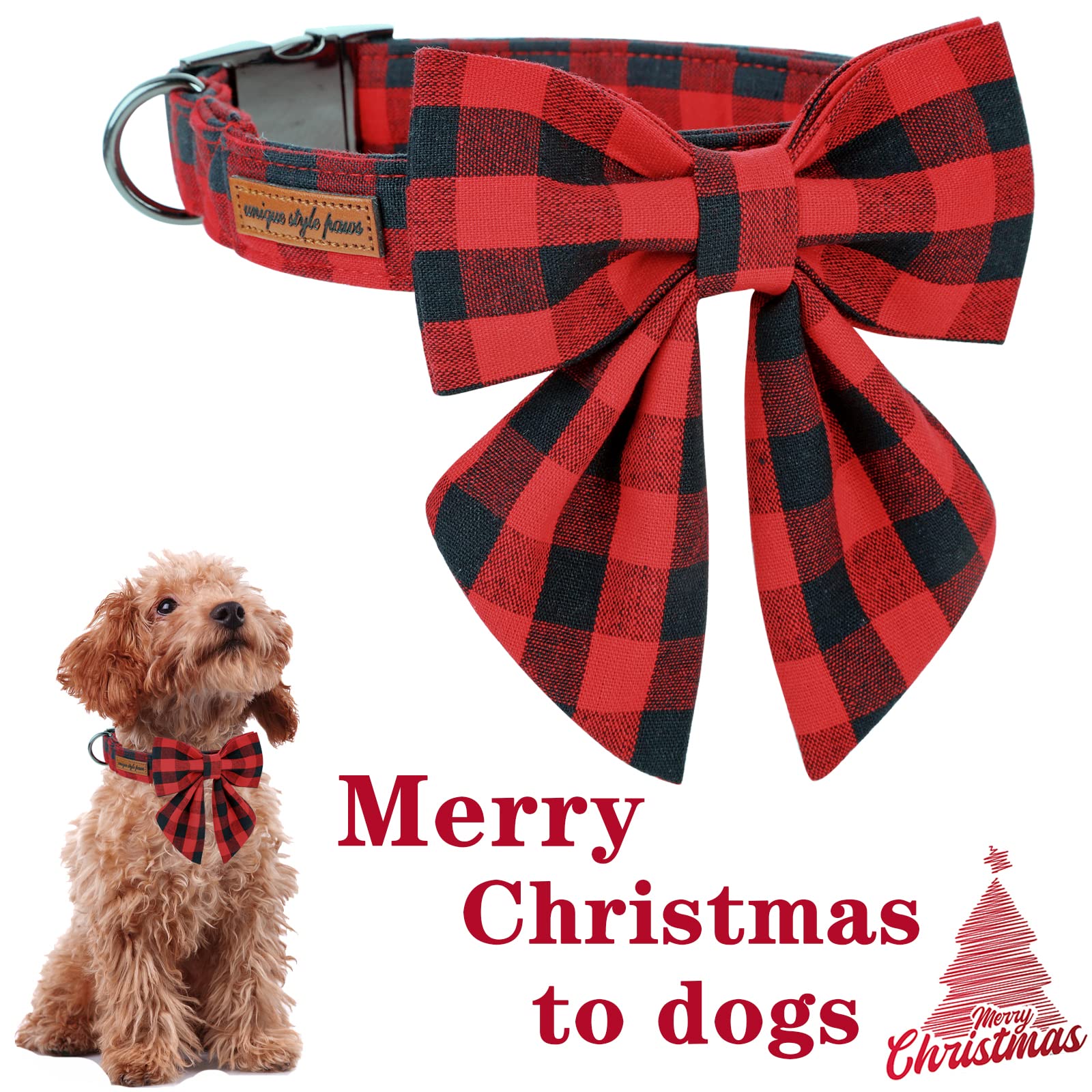 Unique Style Paws Christmas Dog Collar With Bow Tie Classic Red Plaid Puppy Collar For Small Medium Large Dogs As Holiday Winter Gifts-Xs