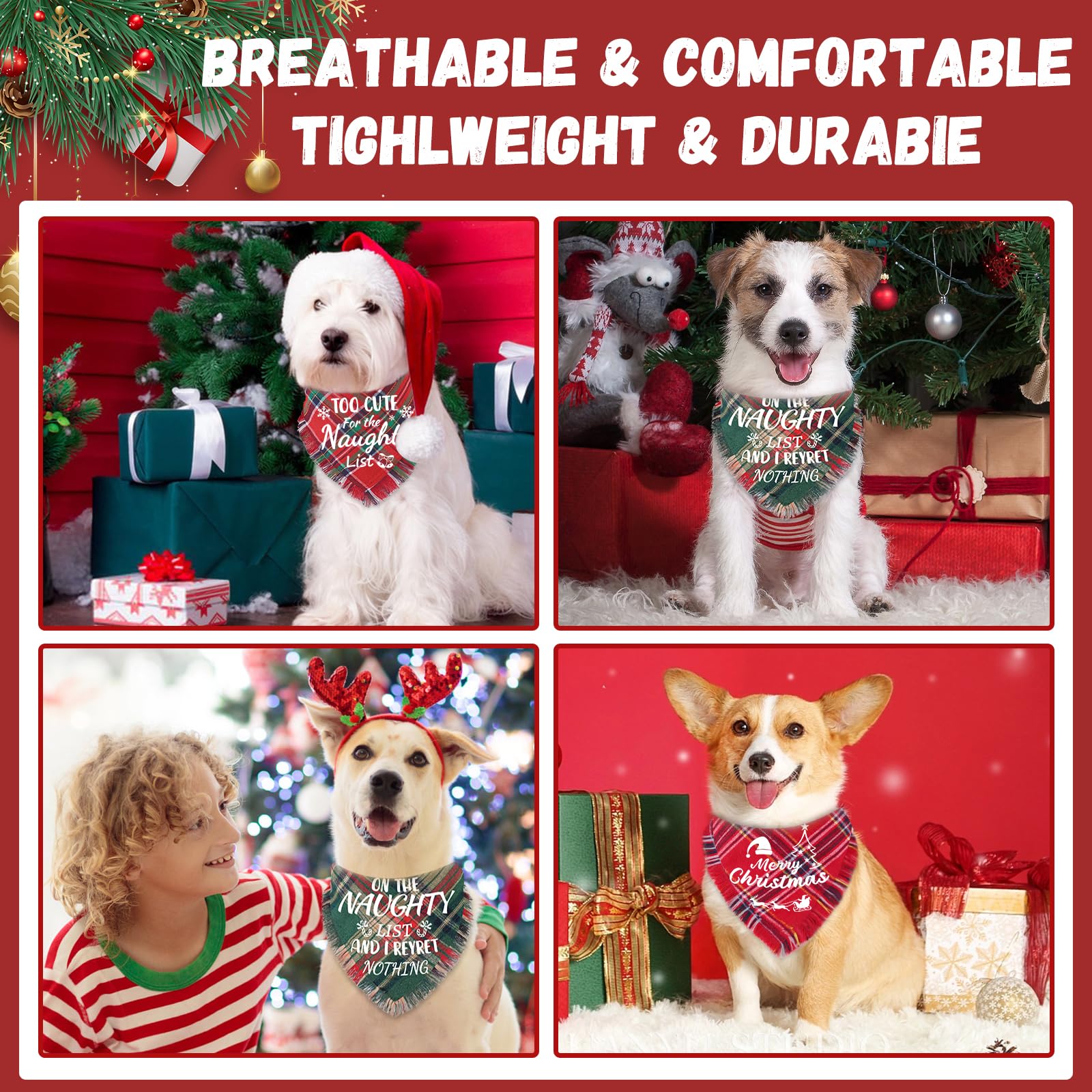3 Pack Christmas Dog Bandanas With Tassels Edges Merry Christmas Printing Stylish Plaid Christmas Bandana Funny Xmas Scarf Bibs