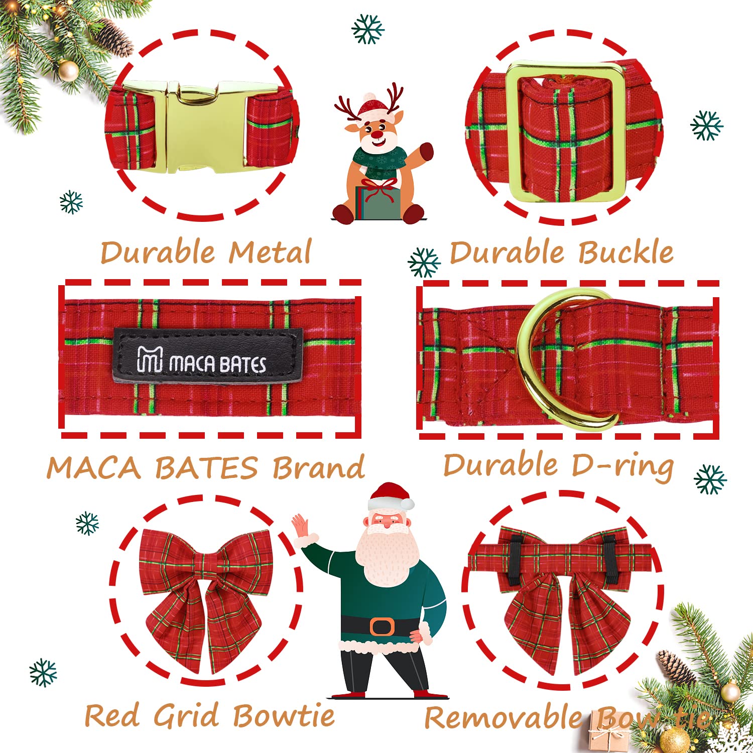 Maca Bates Christmas Plaid Dog Collar with Bow Bowtie for Dogs Sailor Bow Tie Adjustable Breakaway Red Collars Accessories Gift