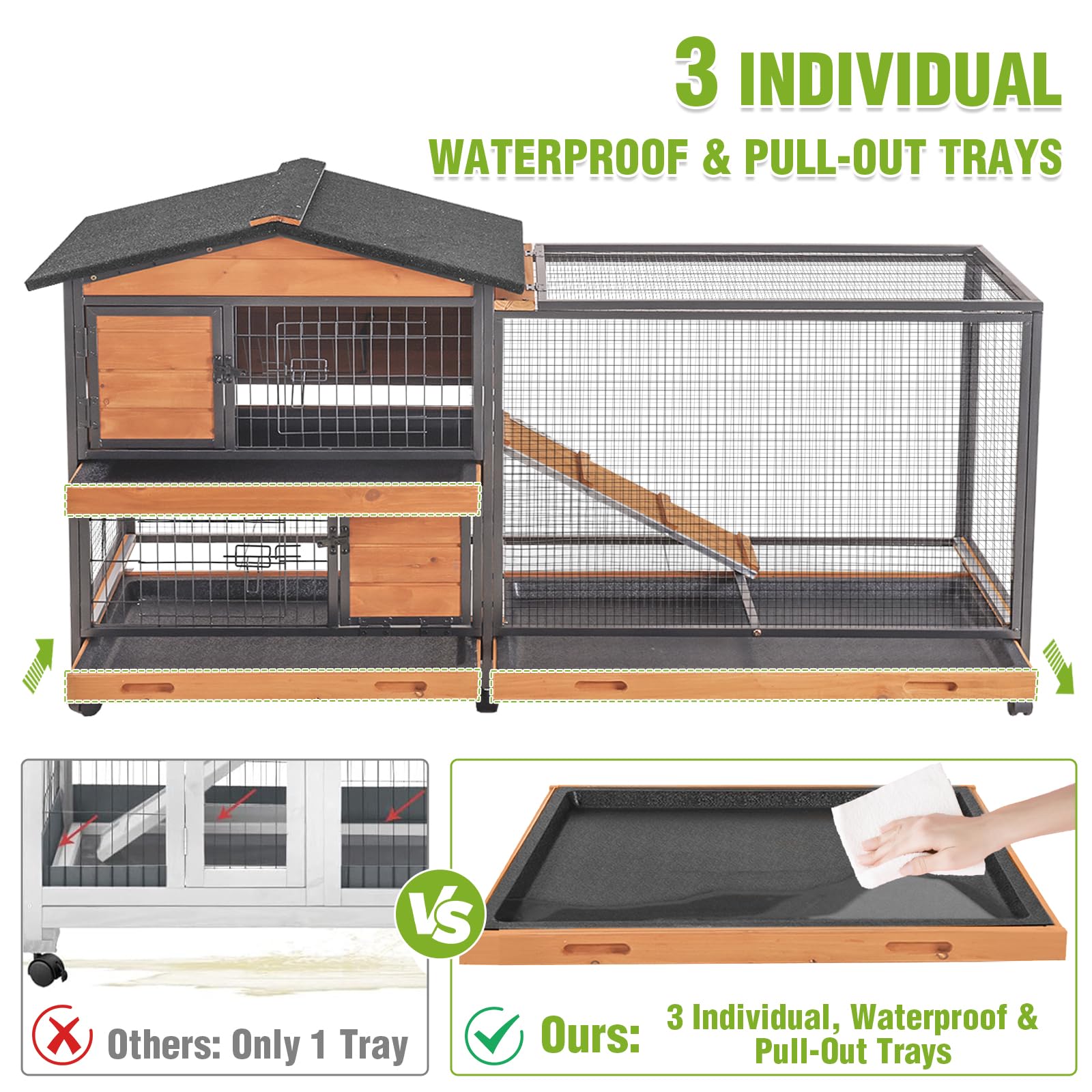 GUTINNEEN 2-Story Rabbit Hutch with Chew-Proof Full Metal Frame for Indoor/Outdoor - 62 '' Bunny Cage with 6 Locking Casters & 2