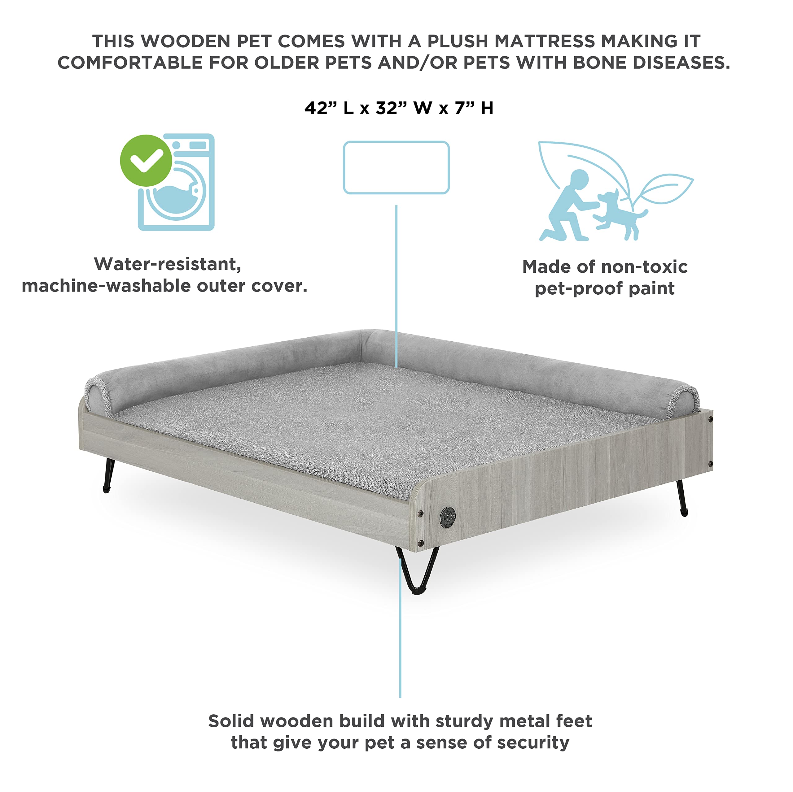 Wooden Dog Bed With Water Resistant Mattress, Large To Extra Large Elevated Pet Bed With Calming Mattress, Greenguard Gold Certi