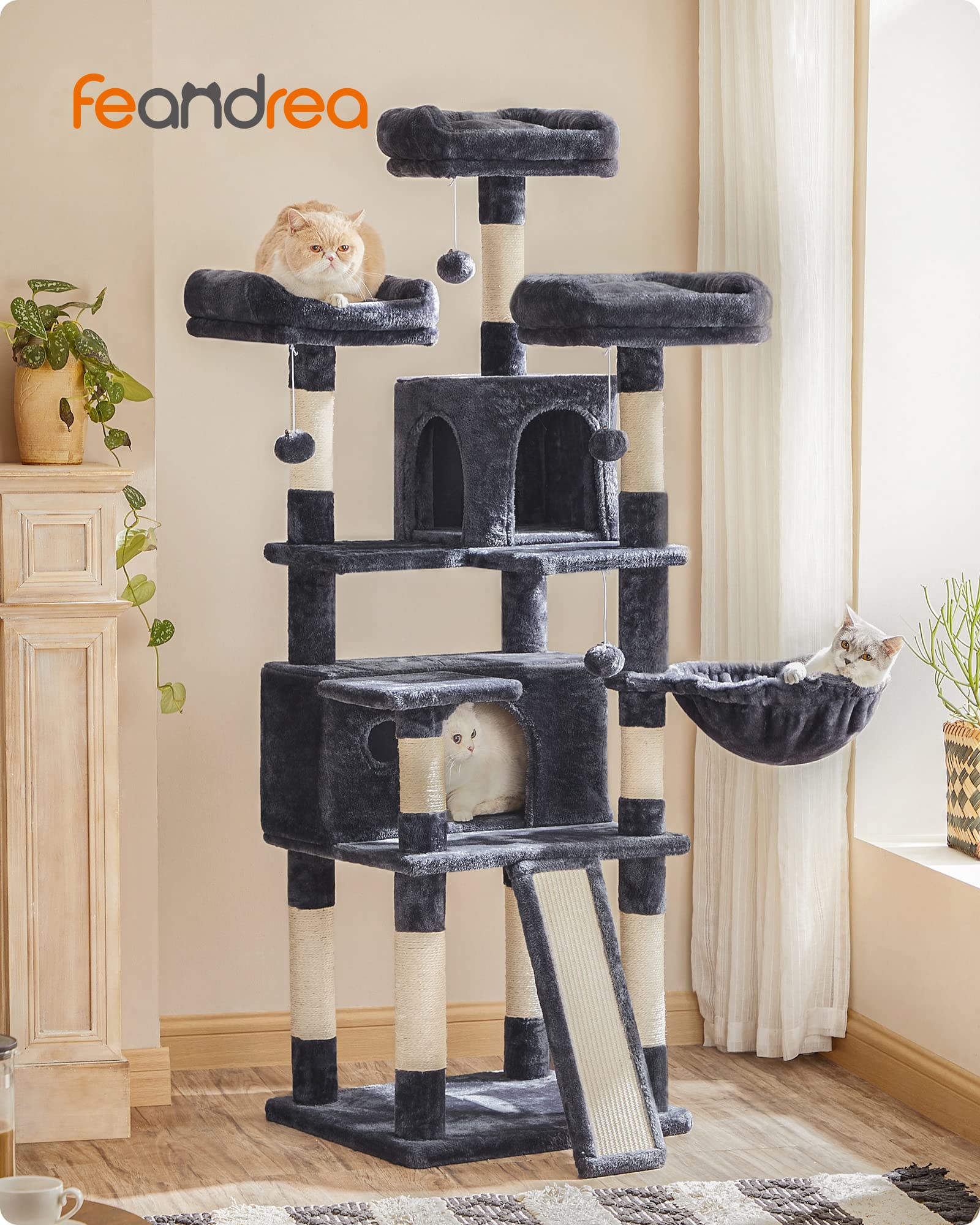 Feandrea Cat Tree, Large Cat Tower, Cat Condo With Scratching Posts, Board, 2 Caves, 3 Plush Perches, Activity Center, 66.5 Inch