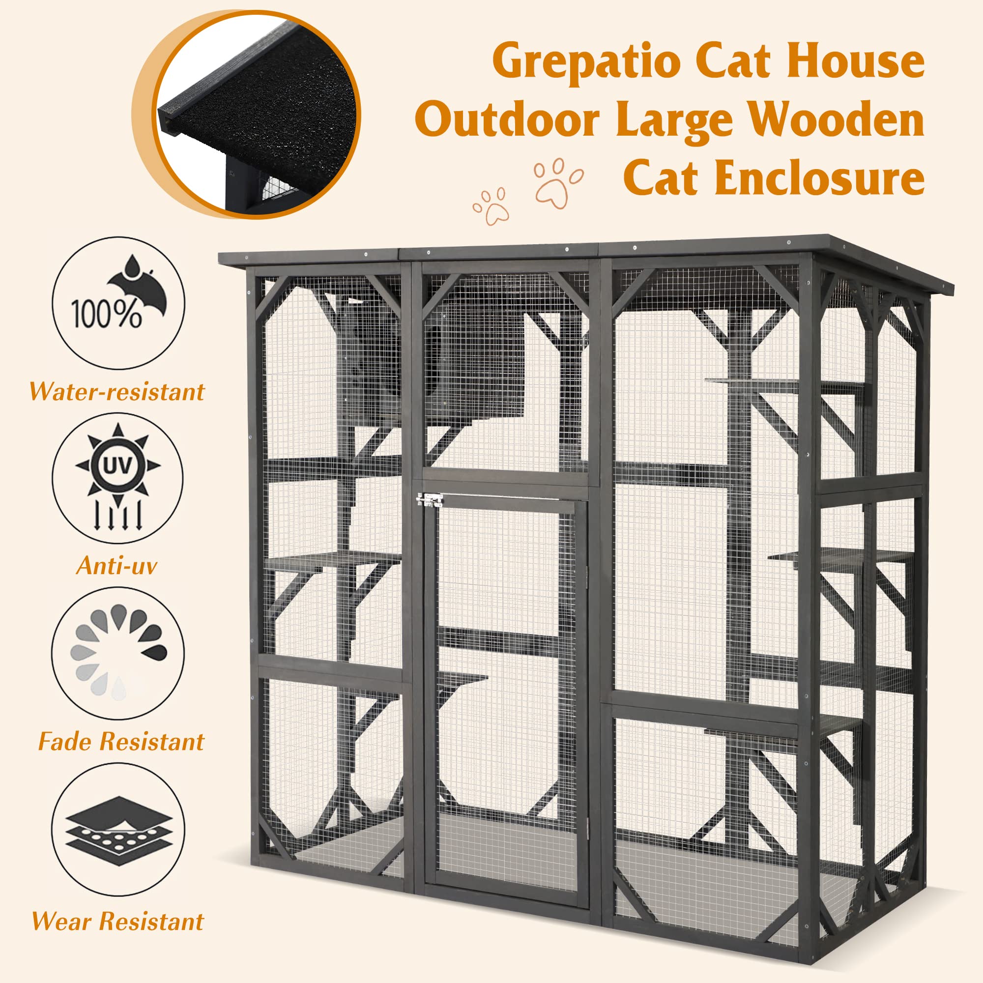 Grepatio Cat Enclosure Large Outdoor Catio Wooden Cat House With Weatherproof, Cat Cage Condo Indoor Playpen With Platform And S