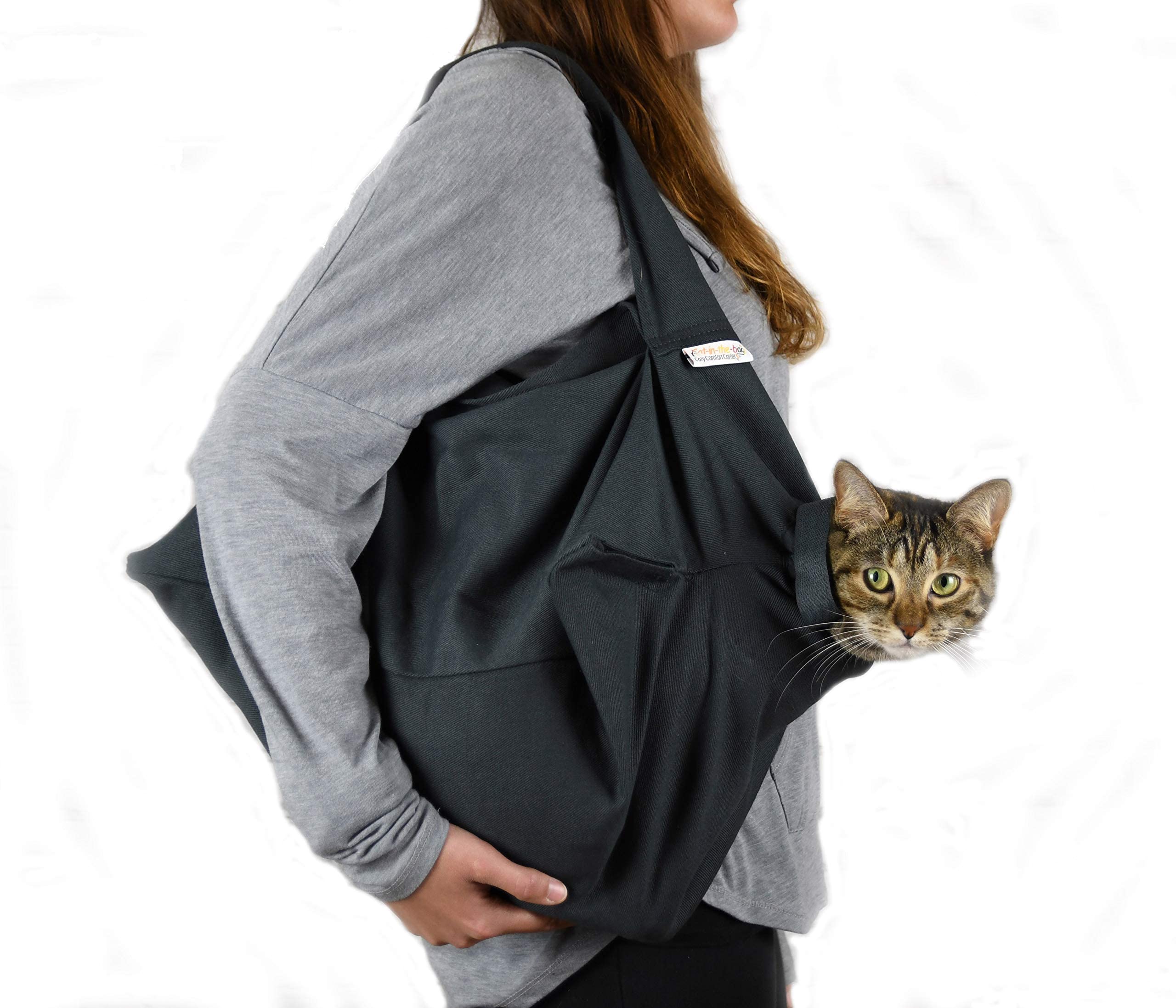 Cat-in-the-Bag Cozy Comfort Carrier - Small Charcoal Grey Cat Carrier Bag, Soft Cat Carrier and Cat Wrap for Nail Clipping, Vet 