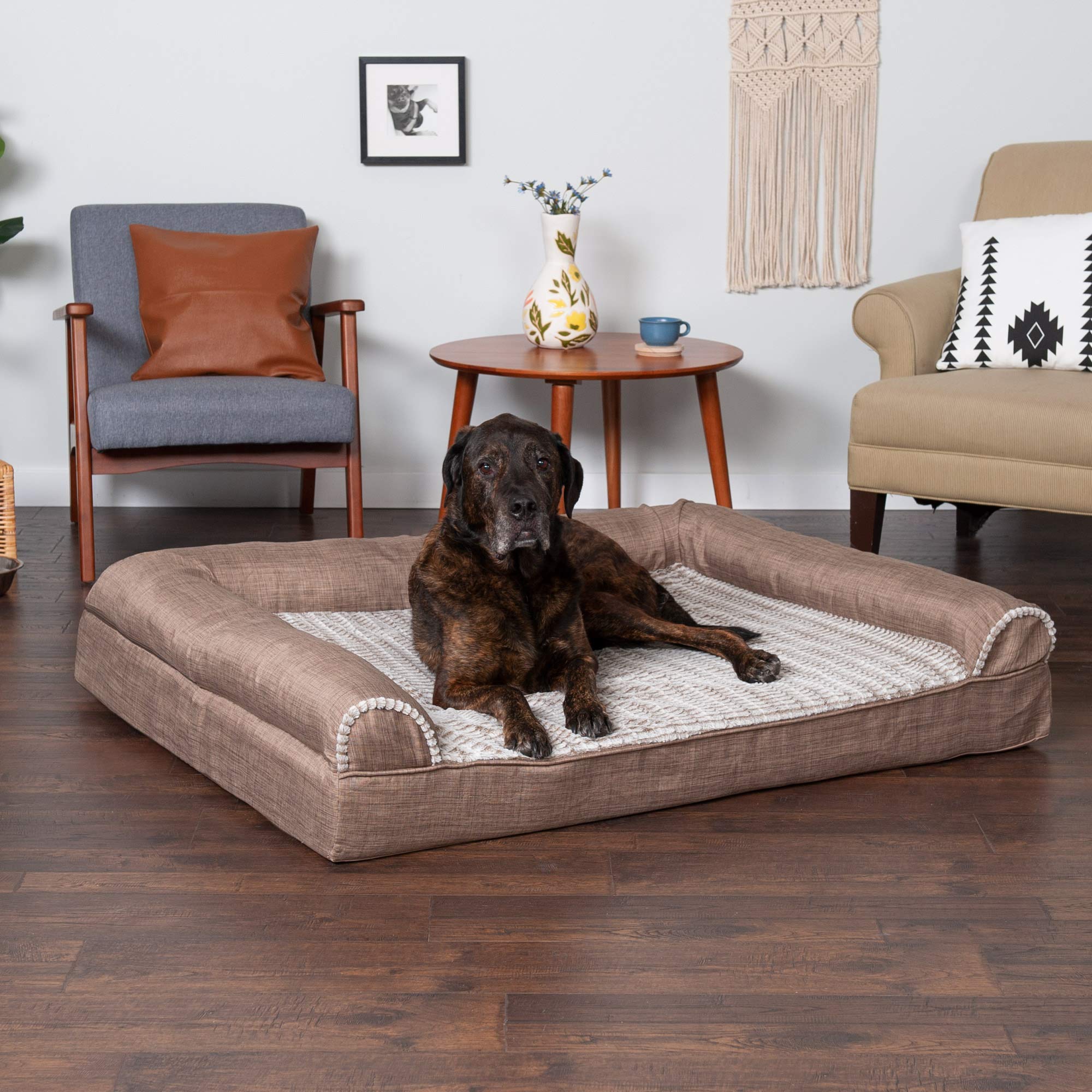 Furhaven Memory Foam Dog Bed for Large Dogs w/ Removable Bolsters & Washable Cover, For Dogs Up to 125 lbs - Luxe Faux Fur & Per