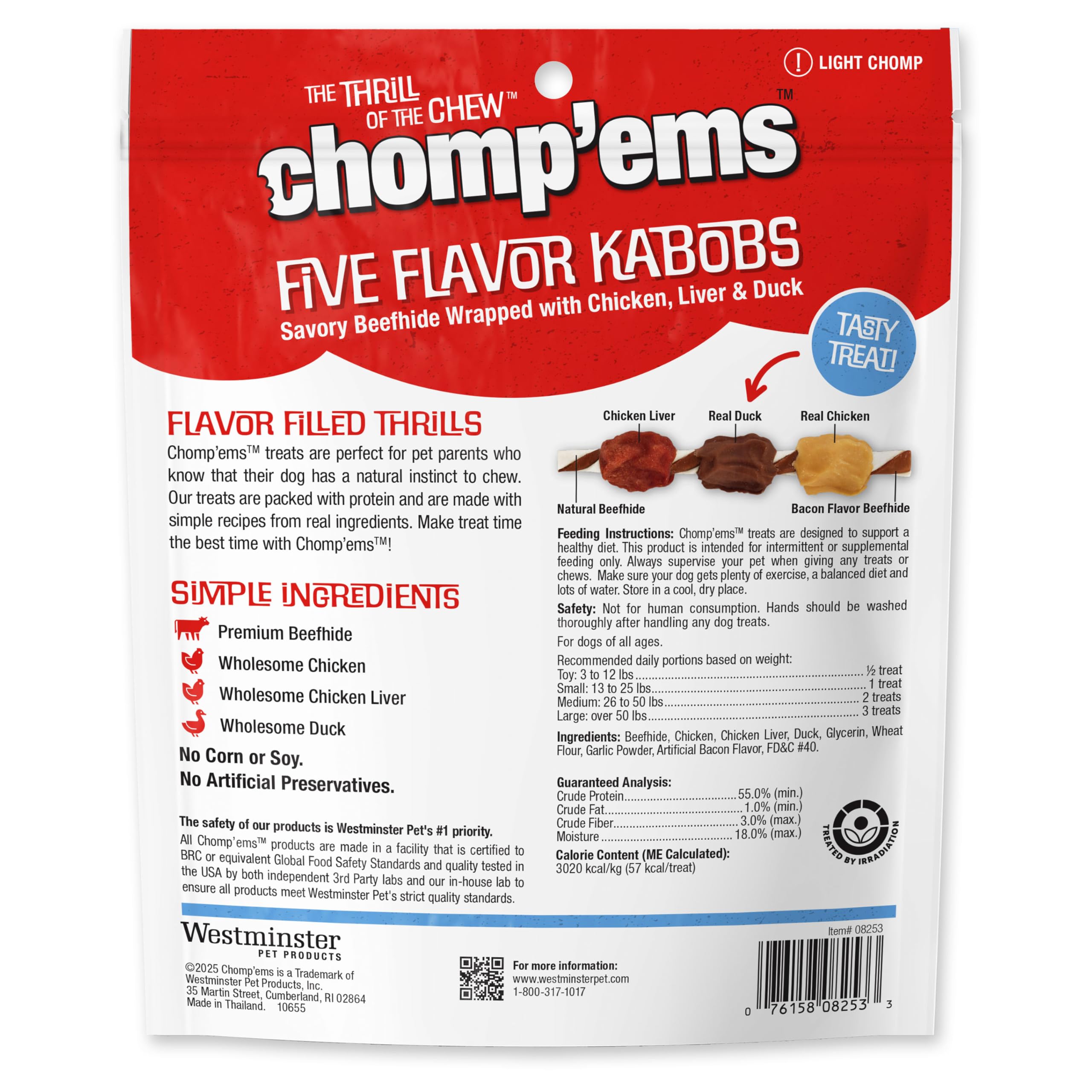 CHOMP EMS Five Flavor Kabobs Dog Treats - Beefhide Chewstick - High Protein Dog Chews, 15 Count