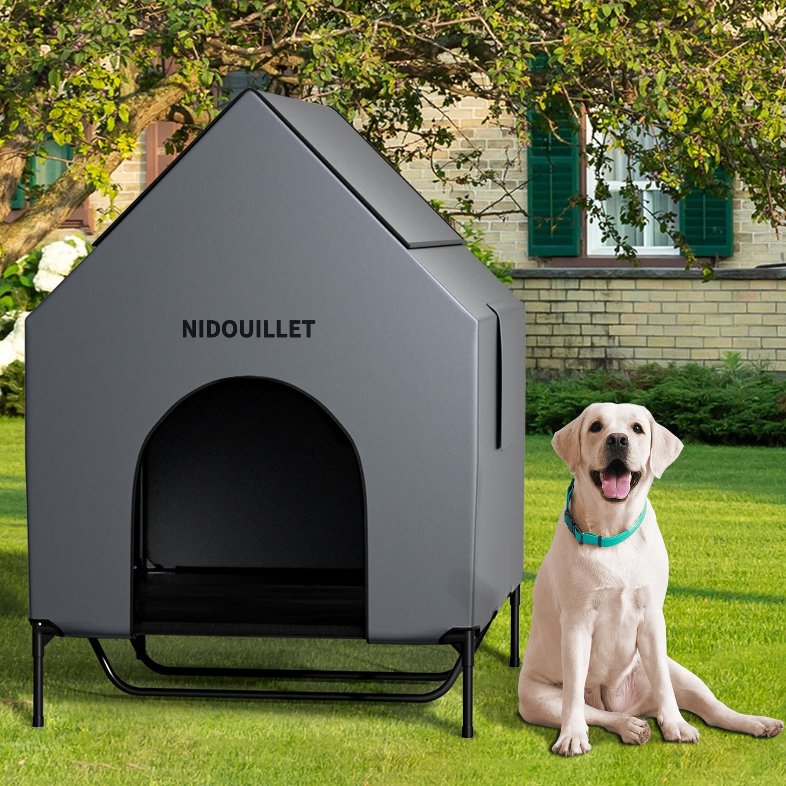 Nidouillet 48'' Large Dog House For Outdoor Or Indoor, Weatherproof 600D Pvc Large Dog House With 8.5'' H Textilene Elevated Dog