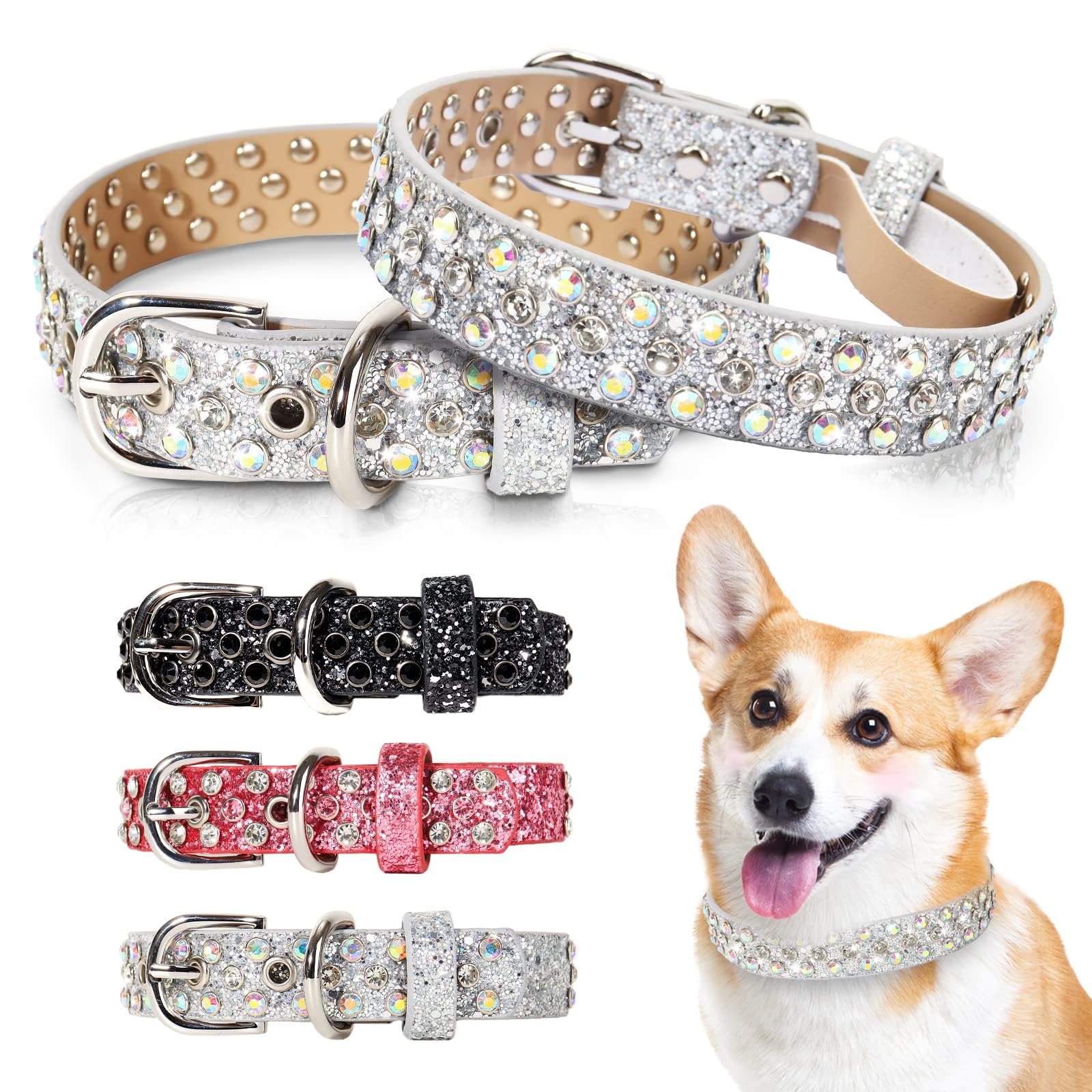 Octbersieg Rhinestone Dog Collar - Silver Bling With Sparkly Diamonds For Small, Medium & Large Dogs