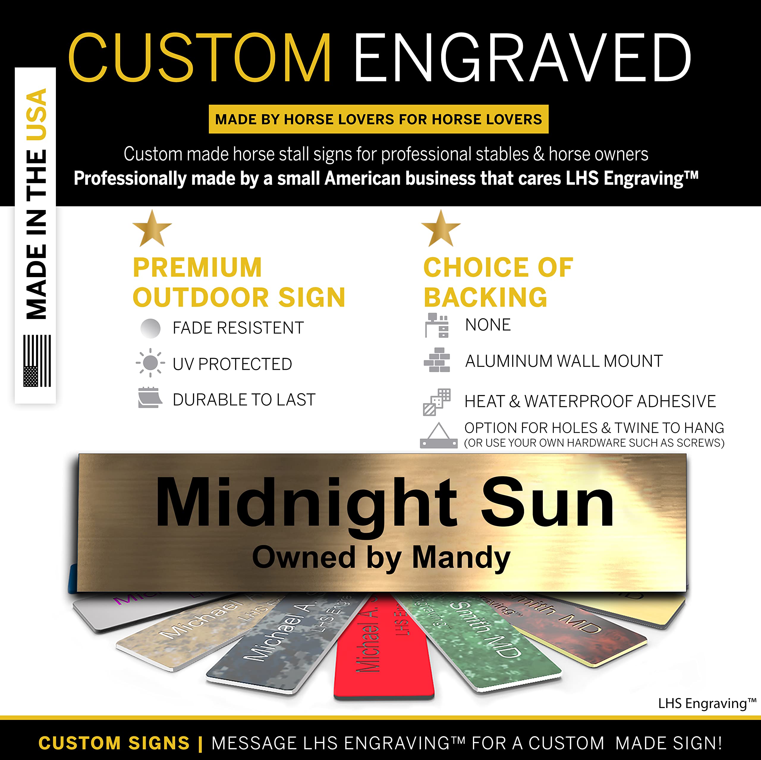 Lhs | Personalized Horse Stall Name Plates, 2X8 Horse Stall Signs With Adhesive, All Weather Uv Protected, Brushed Copper Patter