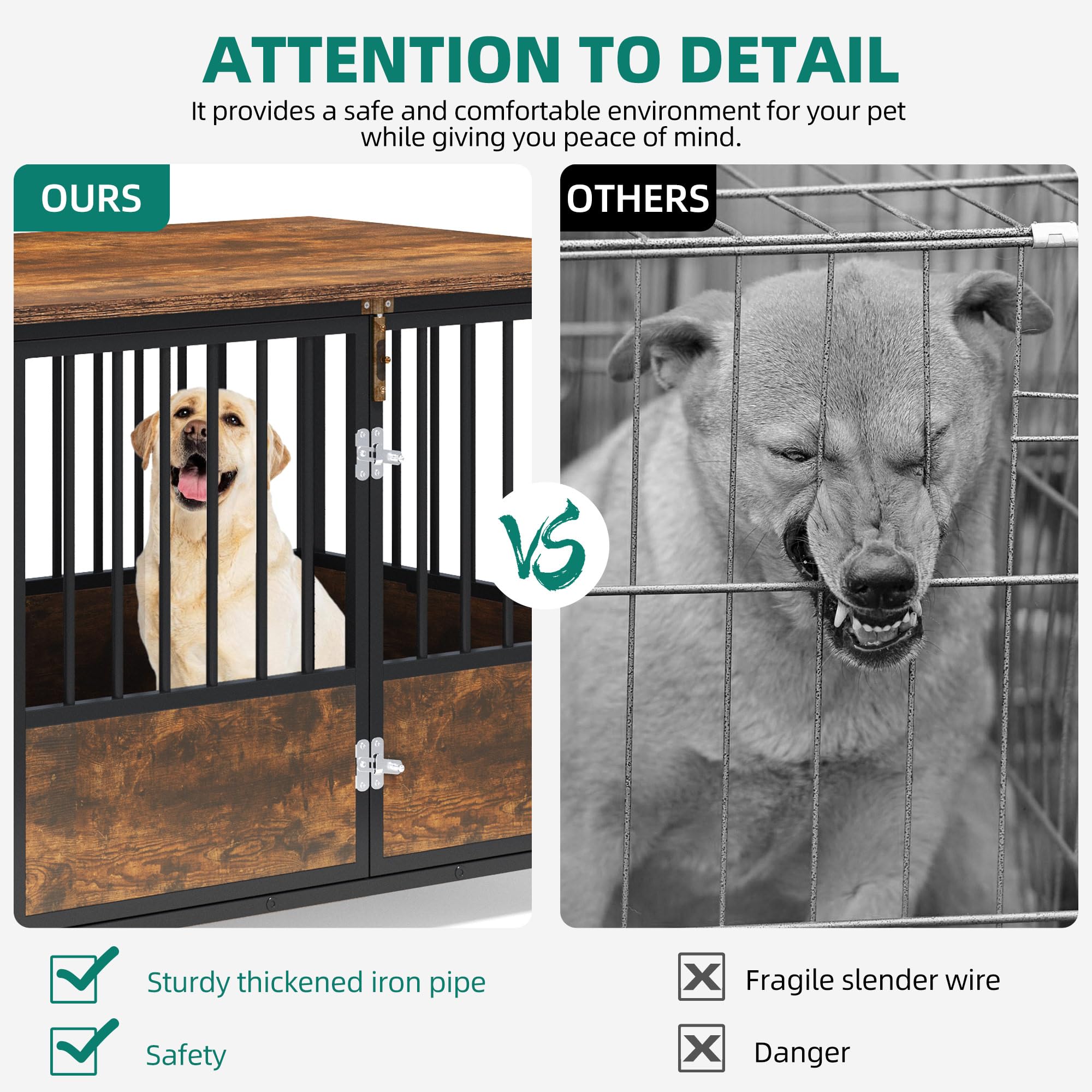 YITAHOME 43 Dog Crate Furniture with Wheels, Wooden Side End Table, Double-Doors Dog Kennel Indoor for Small/Medium/Large Dogs,
