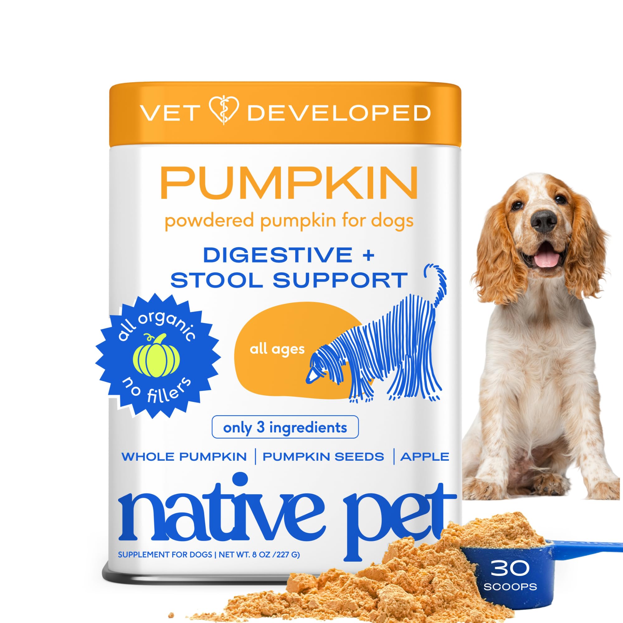 Native Pet Pumpkin for Dogs - Organic Powder Pumpkin Puree Dog Food Toppers -Rich in Fiber Supplement Powder Helps with Digestio