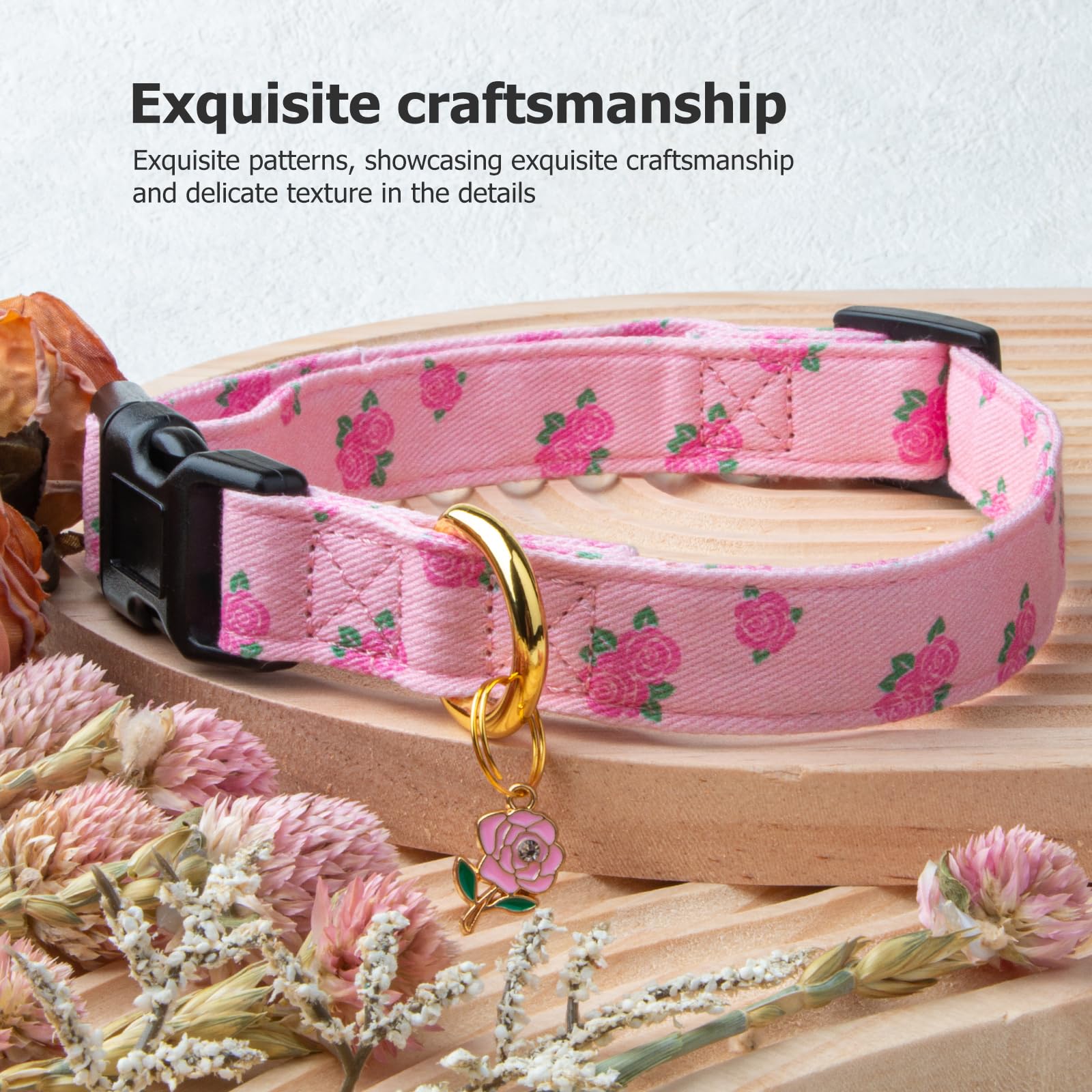 Cotton Handmade Dog Collar Cute And Distinctive Patterns Pink Rose With Pendant For Girl Boy Dogs Collars M