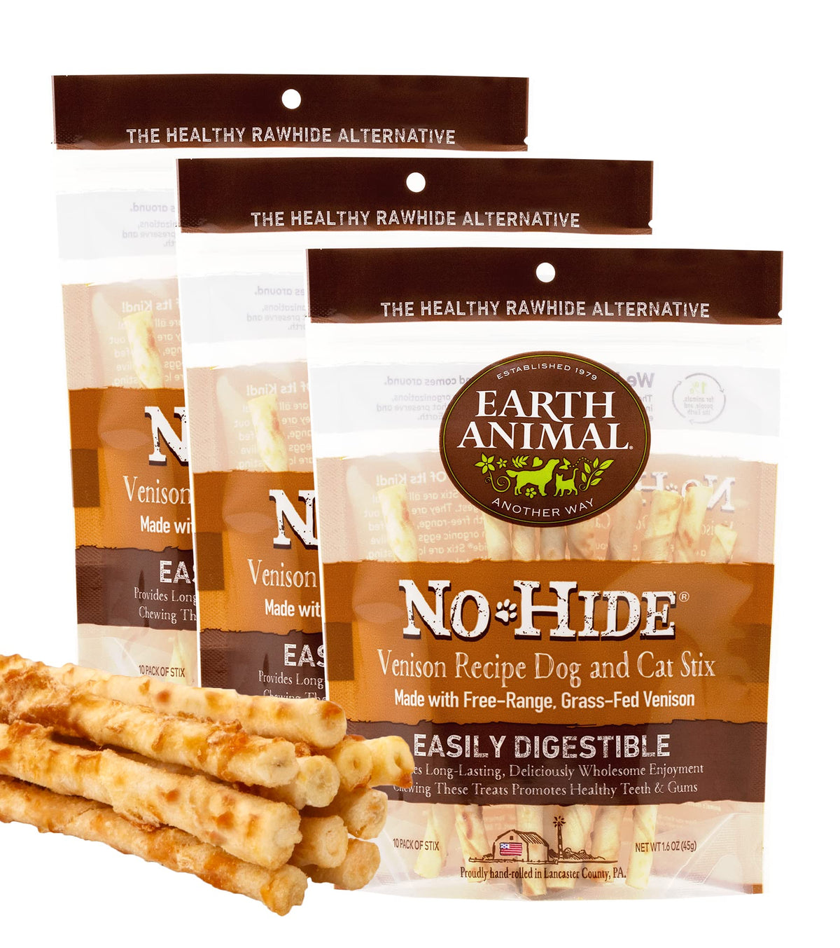 Earth Animal No Hide Stix Venison Flavored Natural Rawhide Free Dog Chews Long Lasting Dog Chew Sticks | Dog Treats For Small Dogs And Cats | Great Dog Chews For Aggressive Chewers