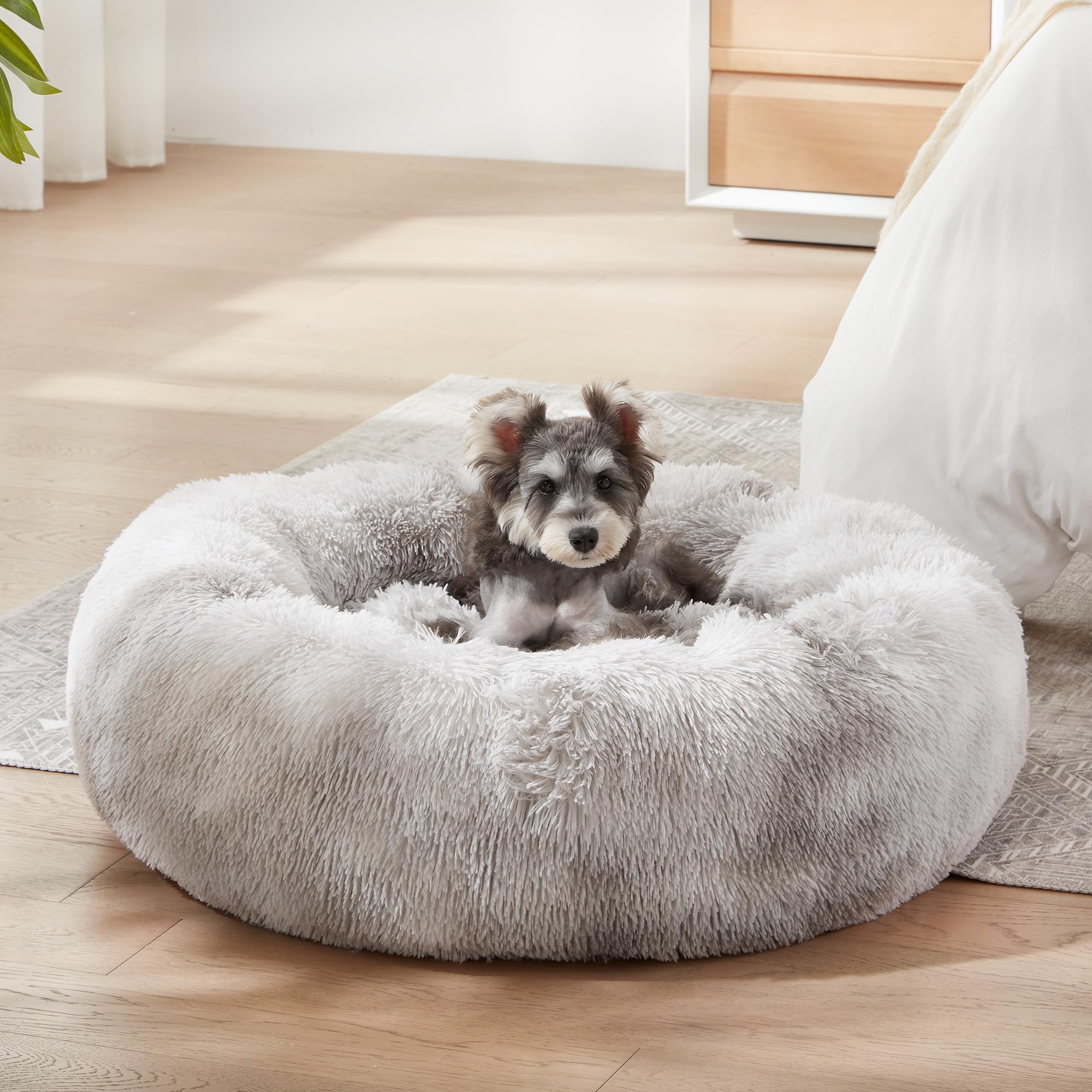 Western Home Wh Calming Dog & Cat Bed, Anti-Anxiety Donut Cuddler Warming Cozy Soft Round Bed, Fluffy Faux Fur Plush Cushion Bed For Small Medium Dogs And Cats (20'/24'/27'/30'), White Grey