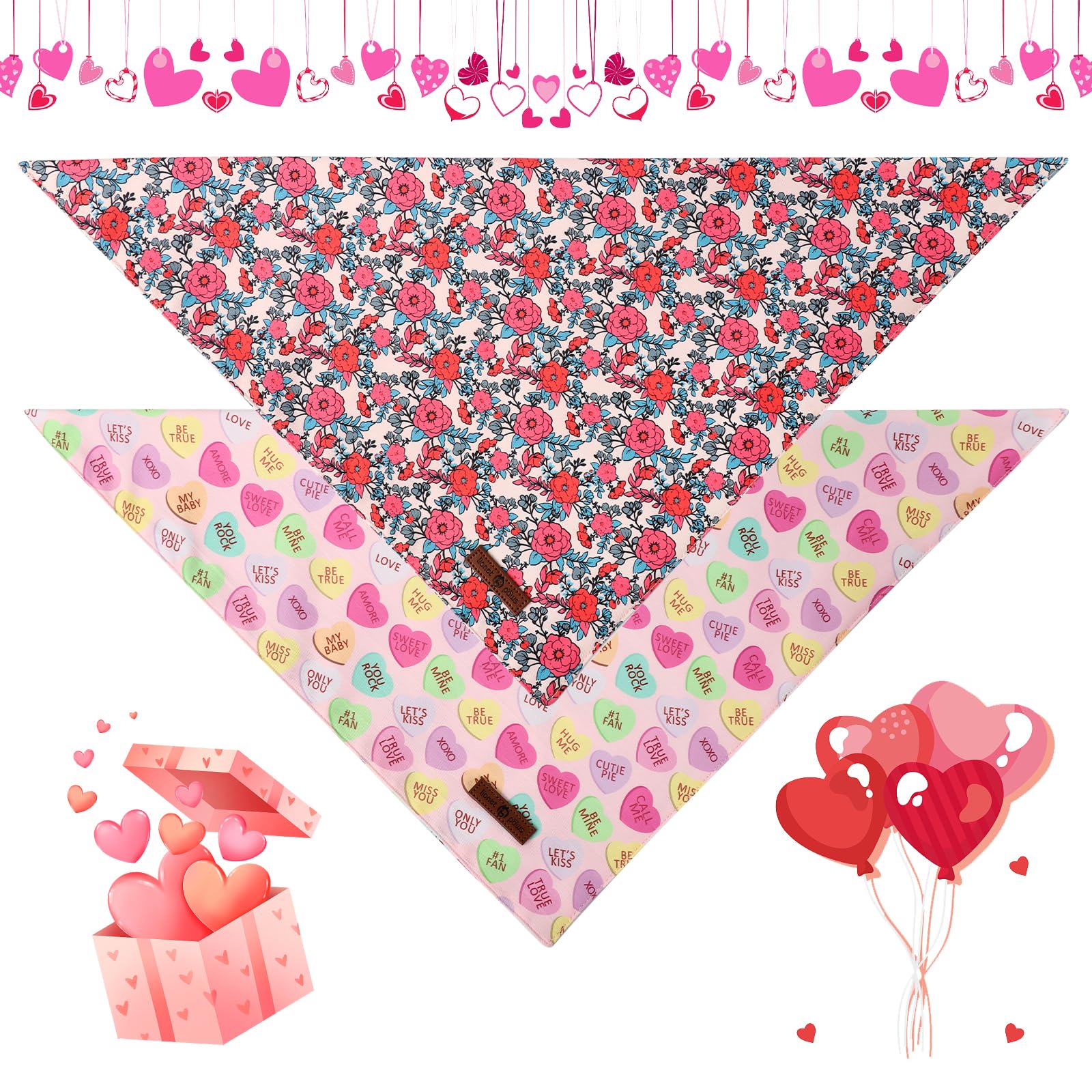 Lionet Paws Valentine'S 2Pcs Dog Bandanas, Red Floral Dog Scarf Bib Premium Fabric, Happy Valentine Heart Bandanas For Small Med