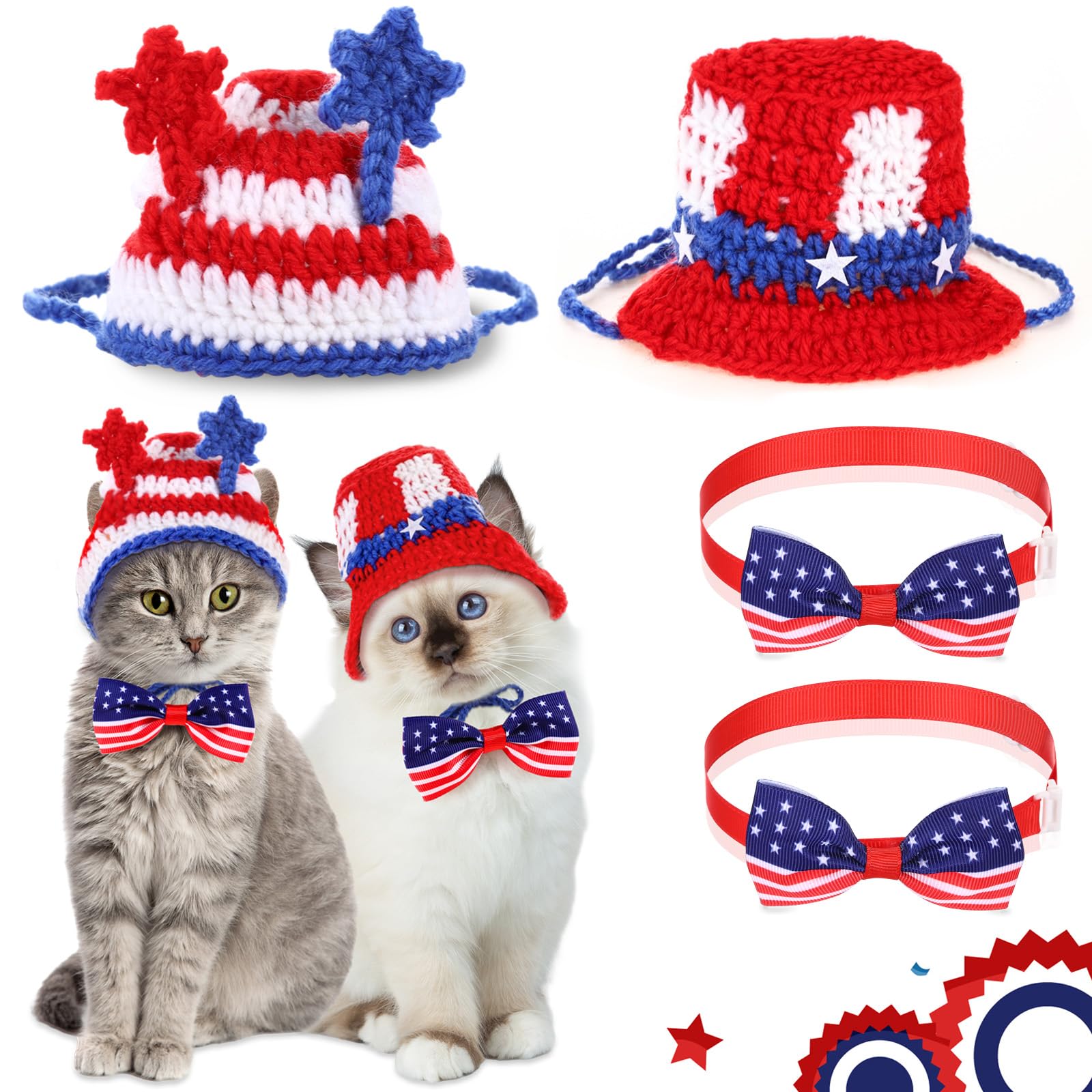 Ganeen 4 Pcs Independence Day Cat Costume 4th of July Pet Hat Headband American Flag Bow Tie Dog Cap USA Small Animal Top Hats N