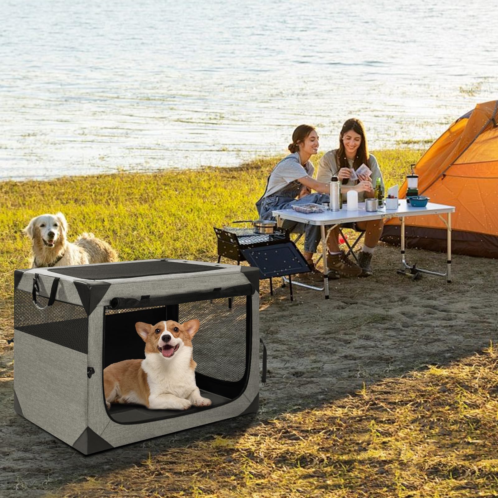 30 Inch Portable Travel Dog Crate, 3 Door Collapsible Soft Pet Kennel with Durable Mesh Windows for Medium Dogs, Foldable Dog Ca