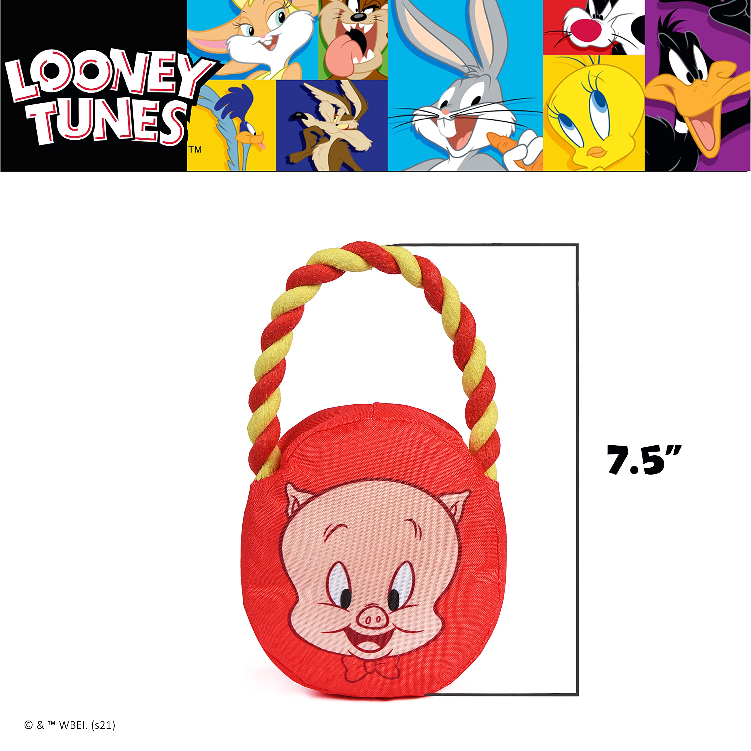 Looney Tunes For Pets Porky Pig Rope Head Stuffed Dog Toy For All Dogs | Red And Yellow Character Plush Fabric Toy For Dogs | Cute Rope Canvas Dog Toy