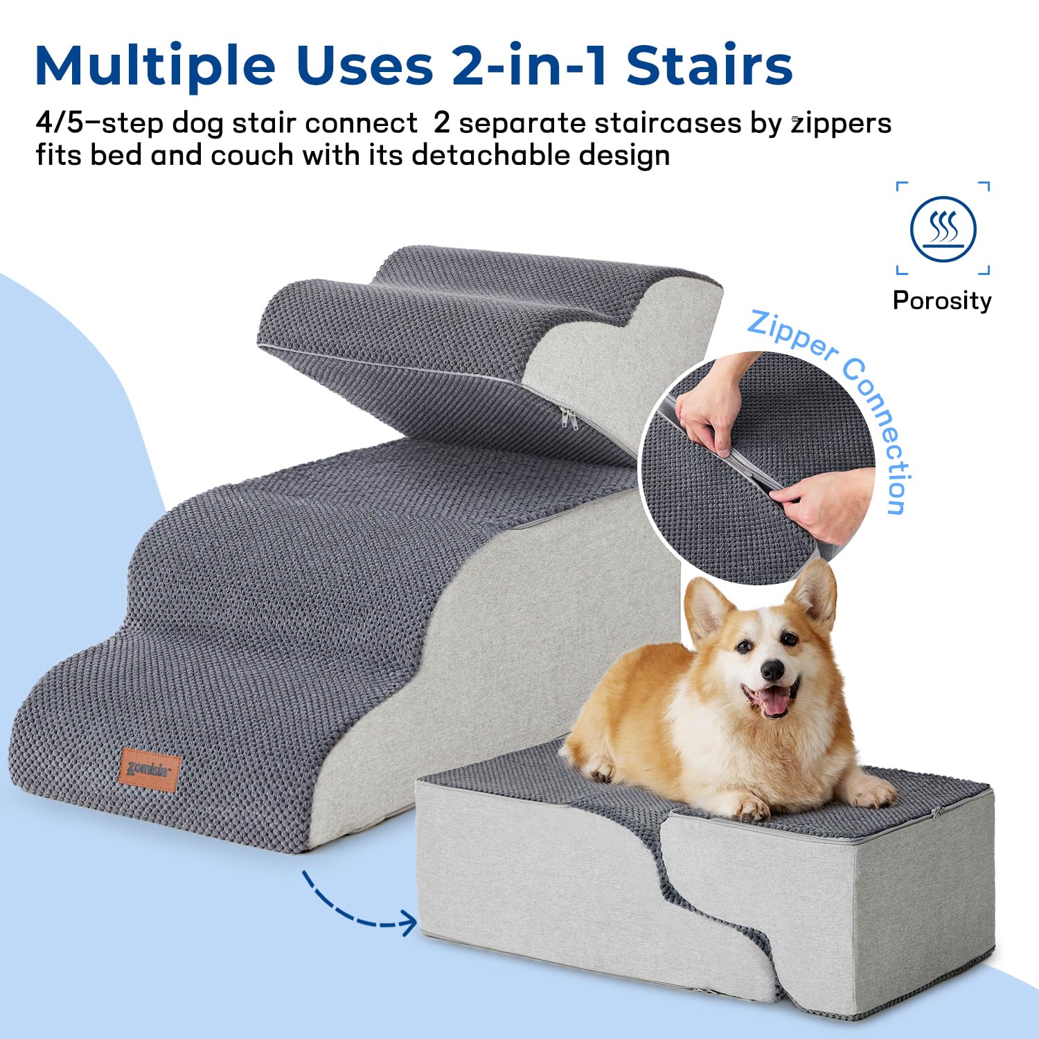 Zomisia Dog Stairs For Small Dogs - Pet Stairs For Couch And Bed, 35D Foam Dog Steps Ramp With Non-Slip Bottom Beige, 3 Steps