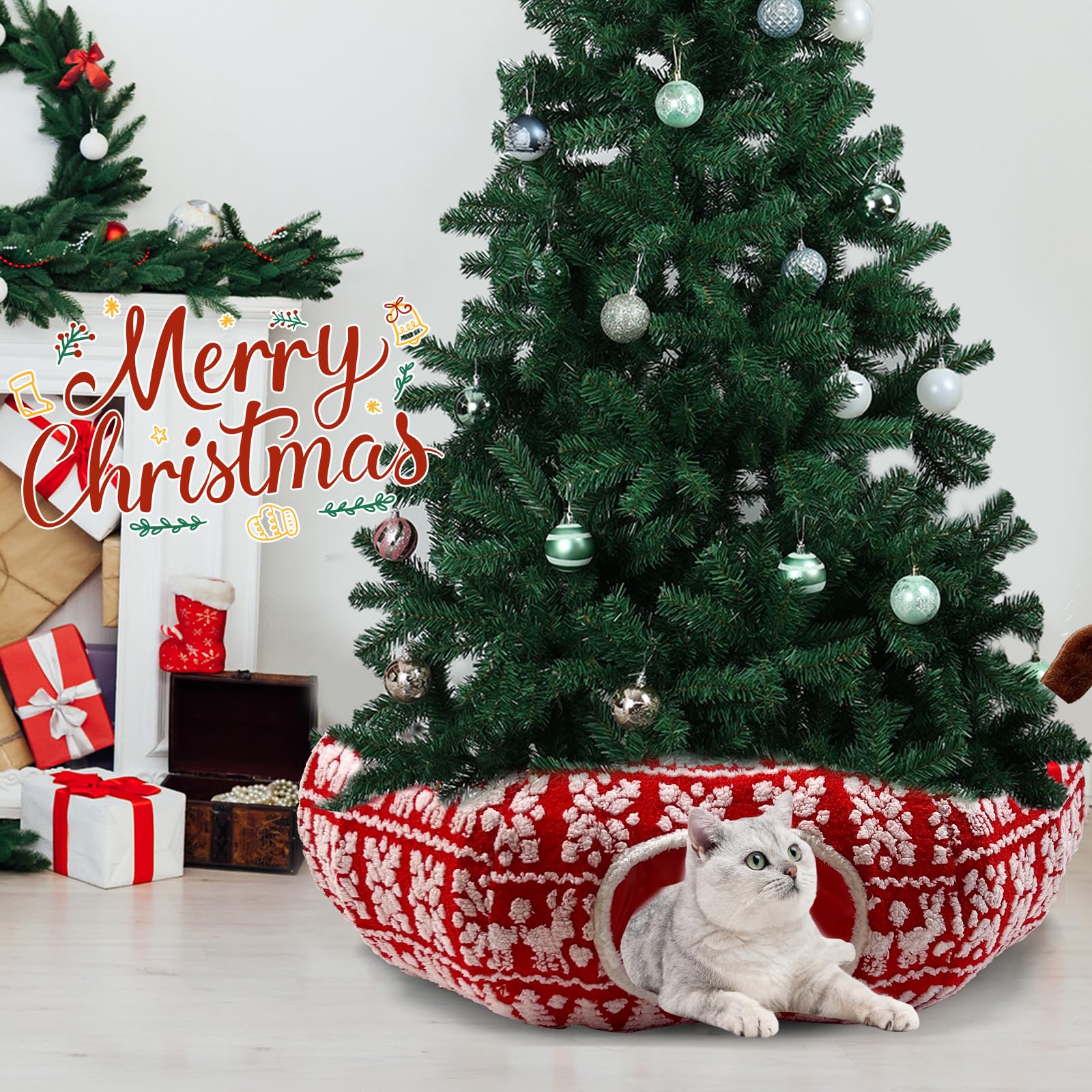 Cat Donut Tunnel for Christmas Tree - Warm Soft Cat Tube Christmas Tree Skirt, Christmas Themed Patterns Cats Red Tunnel Bed wit