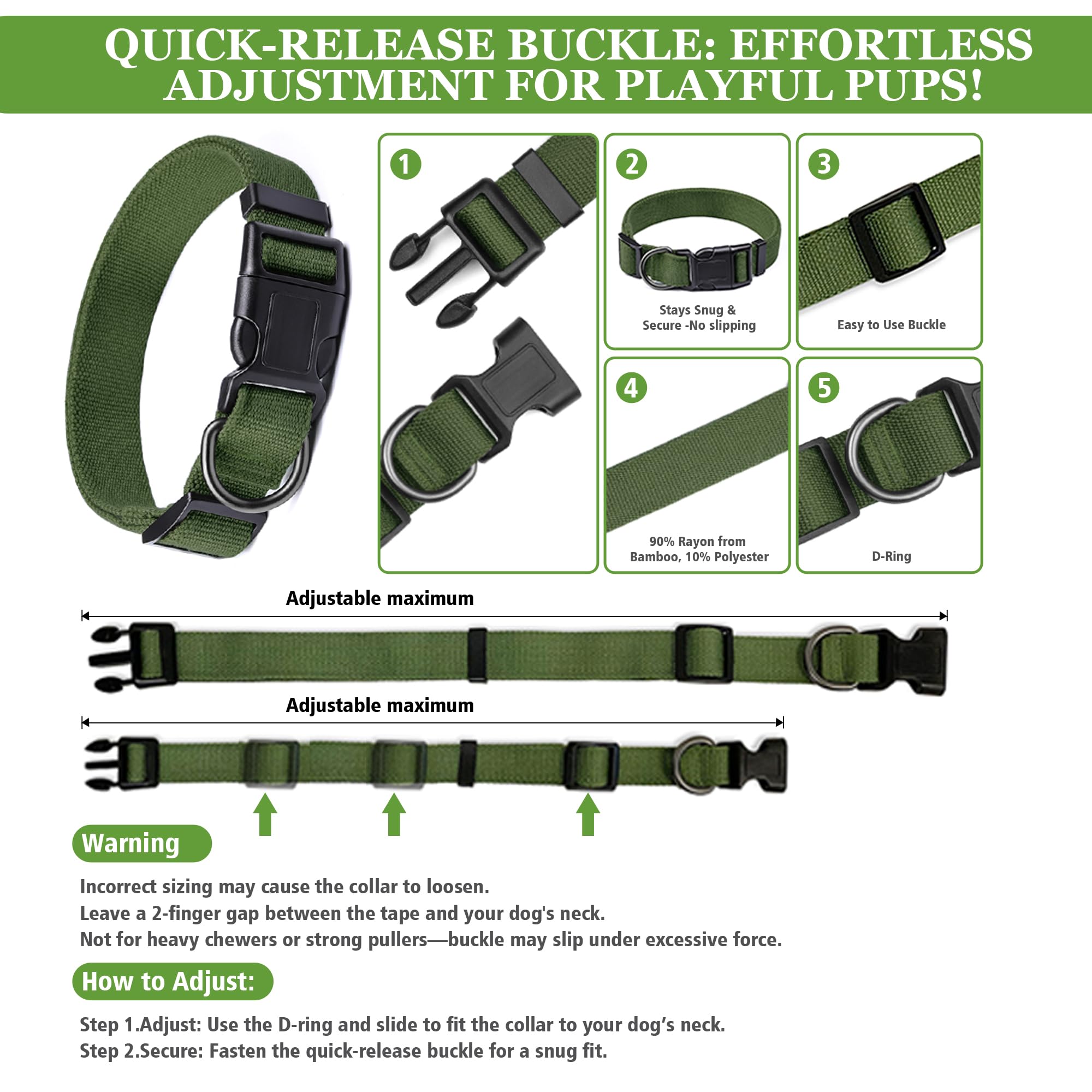 Pawhuggies Dog Collar, Olive Green, Adjustable, Quick Release Buckle, 90% Rayon Derived From Bamboo, 10% Polyester, Small, Mediu