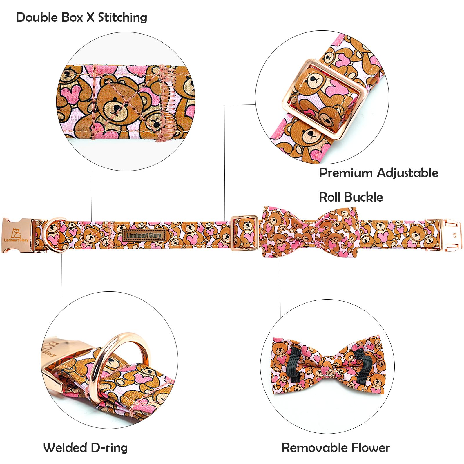 Lionheart Glory Dog Bow Collar Valentine'S Day Dog Collar For Small Dogs Hearts Bear Dog Collar With Bowtie Spring Pink Dog Coll