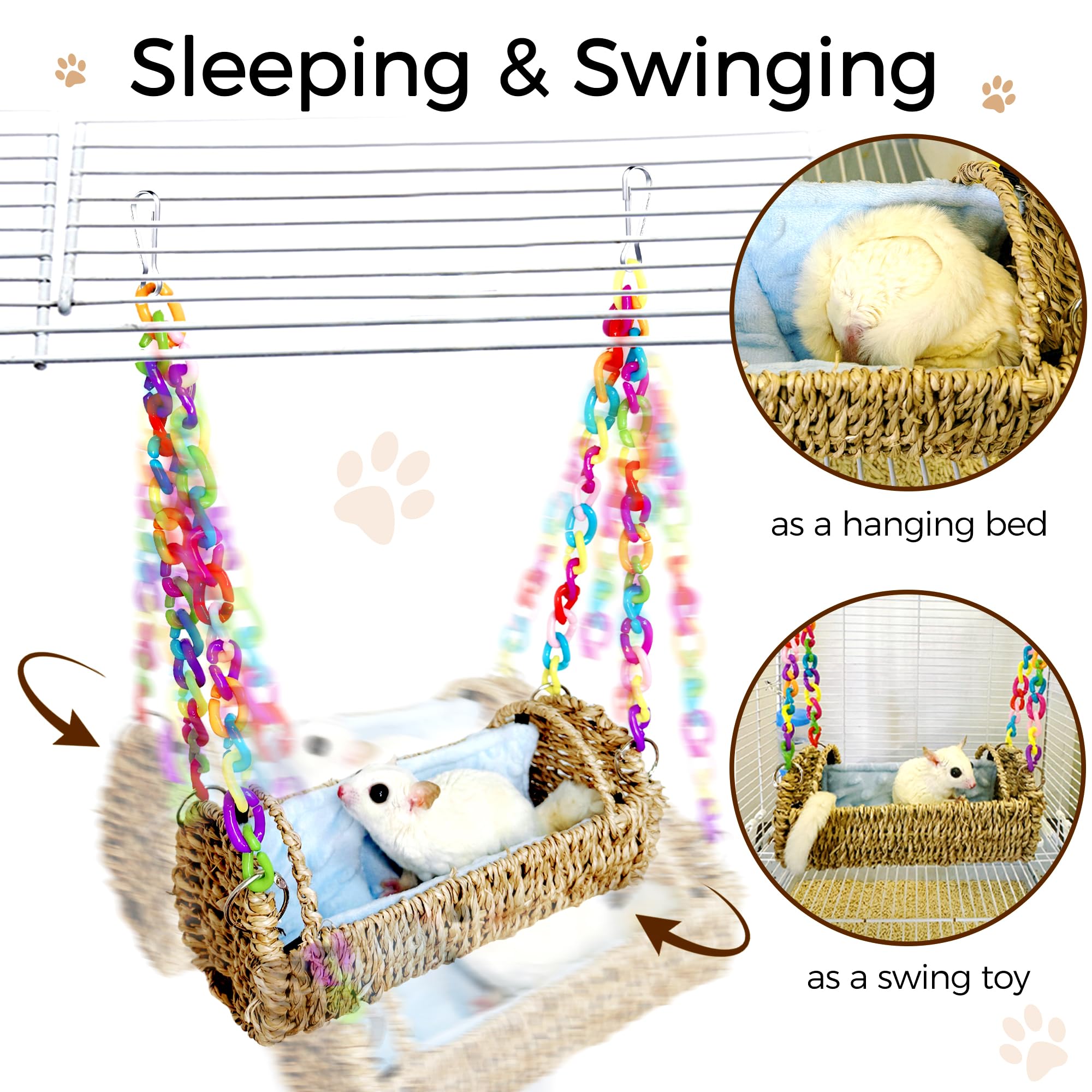 Jevnd Sugar Glider Hammock Bed With Removable Pad, Sturdy Metal Frame & Breathable Seagrass Sugar Glider Sleeping Pouch, 4-Sided