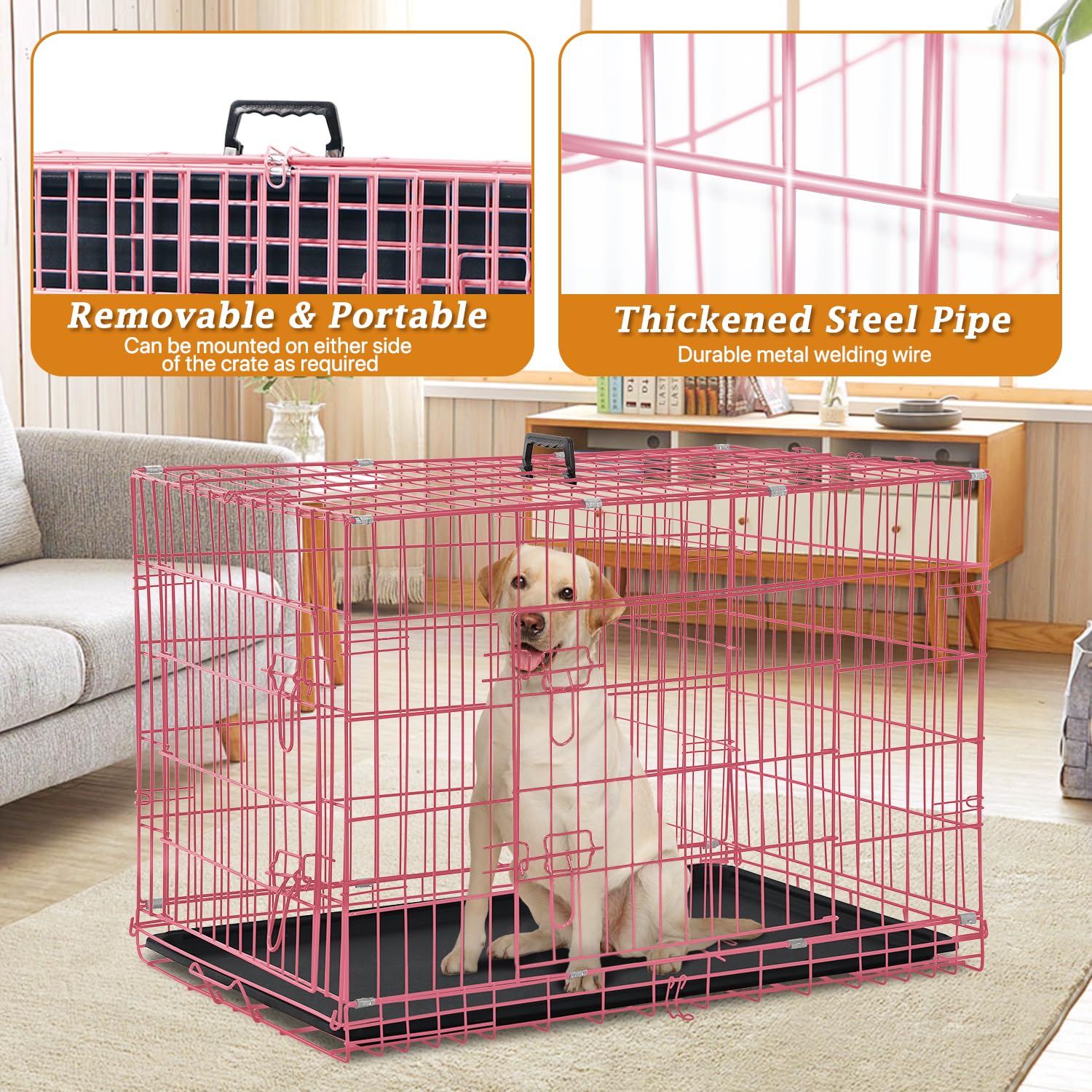 Dog Crate Dog Kennel Cage 42    Portable Foldable Indoor Outdoor Large Double Door Wire Metal Puppy Cat Pet Dog Cage With Abs Tr