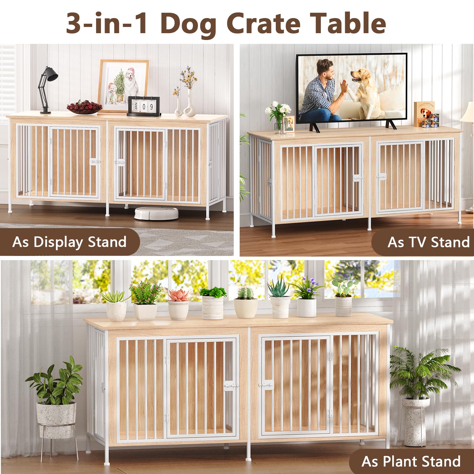 Easycom 78 Inch Dog Cage Furniture For 2 Pets With Divider, Xxl Wooden Double Dog Crate Furniture Tv Stand For Mideum And Large