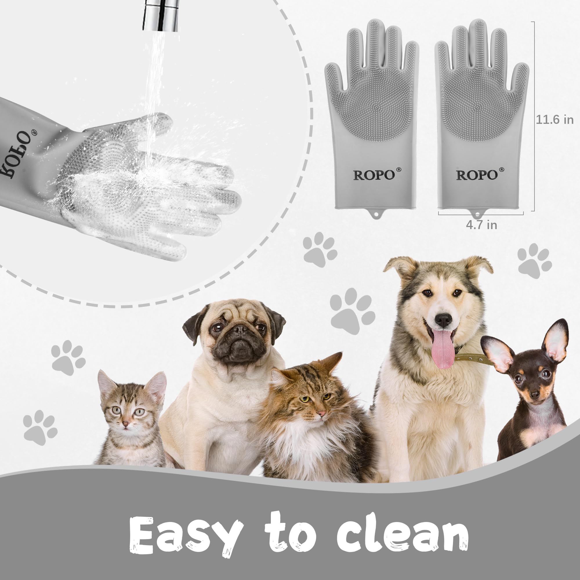 Ropo Silicone Gloves For Pet Grooming, Multi-Functional Gloves For Pet Hair Shedding, Bathing, And Massage (Grey)