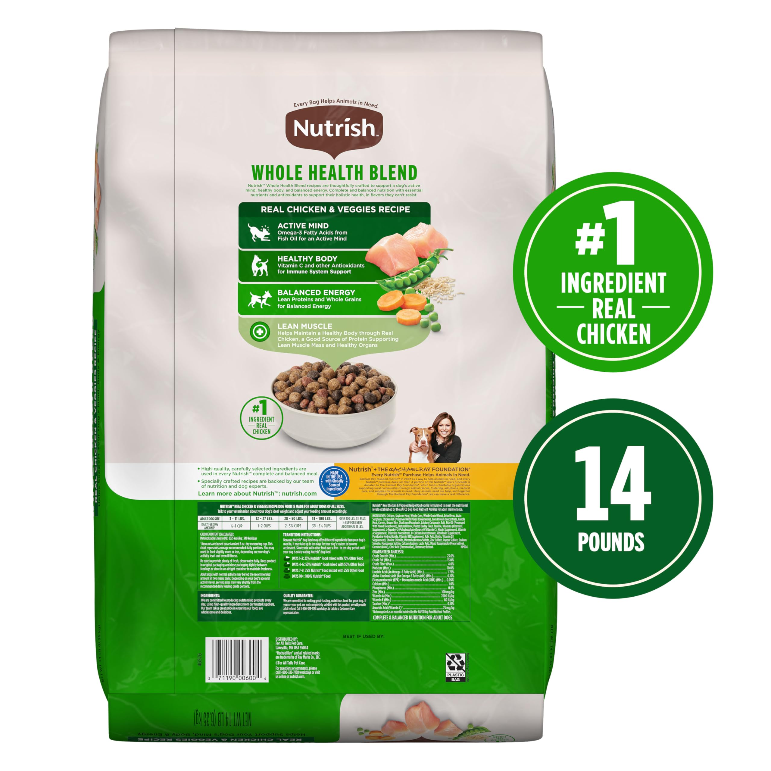 Rachael Ray Nutrish Dry Dog Food, Real Chicken & Veggies Recipe, 14 lb Bag, Natural Blend
