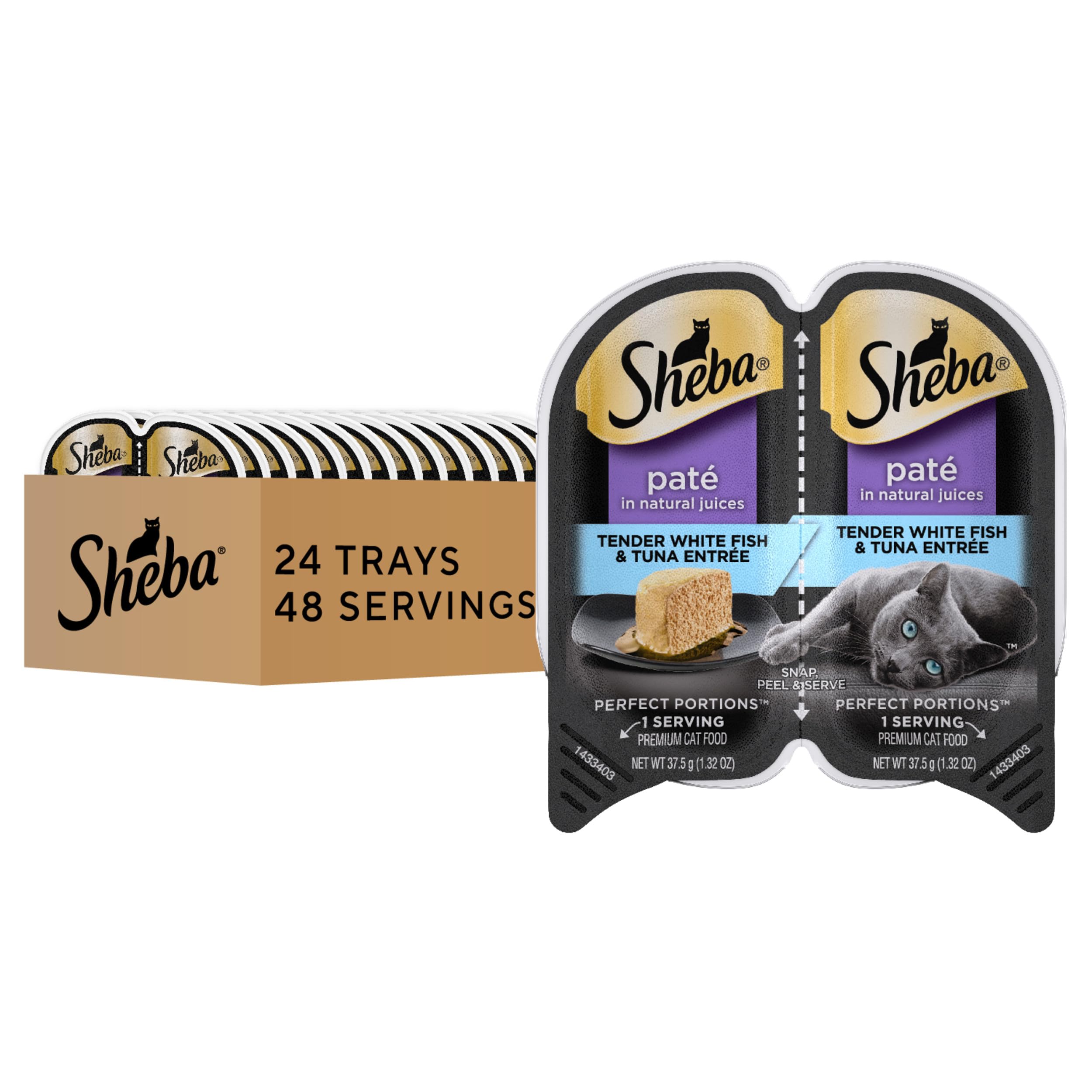 Sheba Perfect Portions Wet Cat Food Pate Tender White Fish and Tuna Entree, 2.6 oz. Twin-Pack Trays (24 Count, 48 Servings)