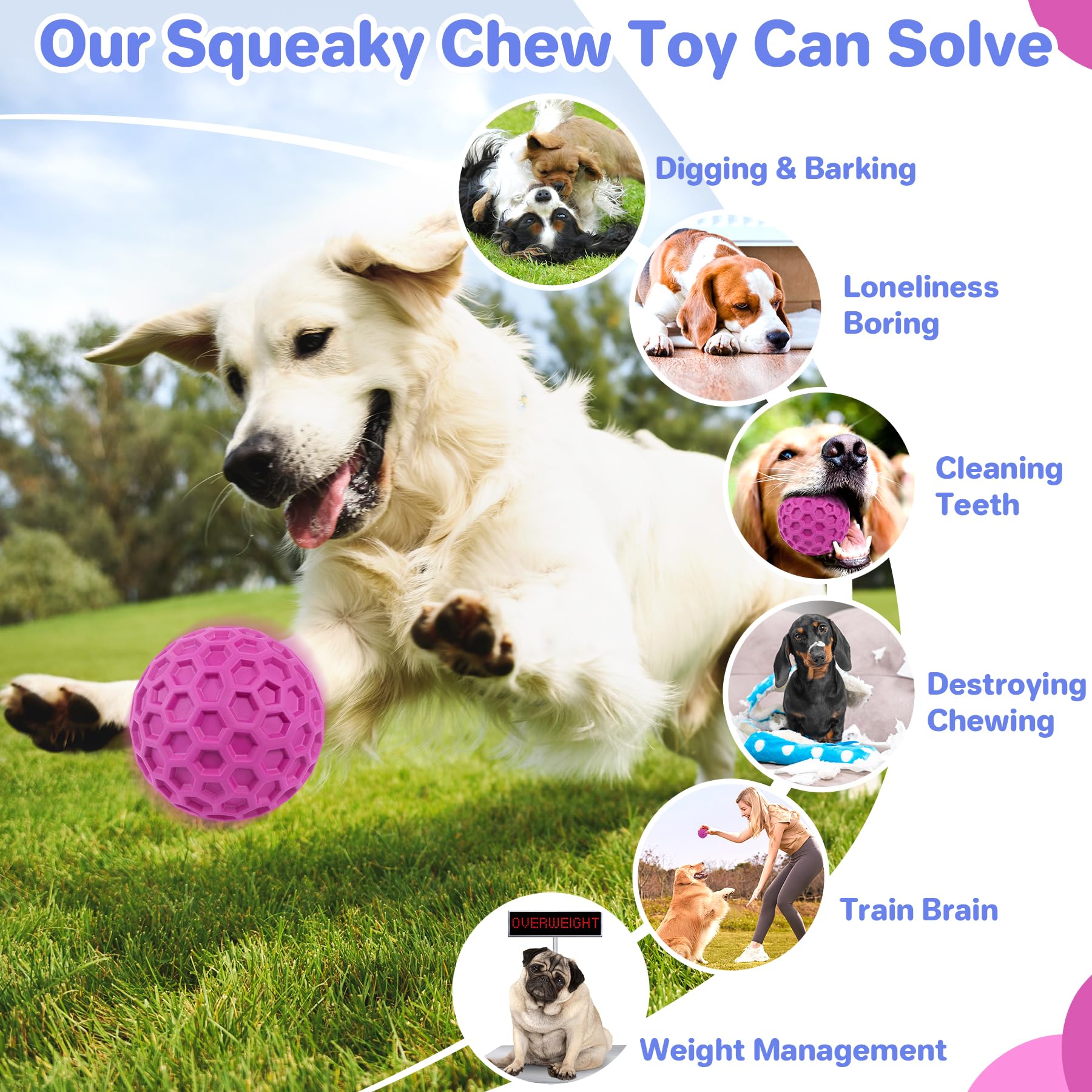 DISSKNIC Interactive Squeaky Dog Balls, Dog Toys for Aggressive Chewers Large Breed for Relieving Anxiety, Tough Dog Chew Toys B