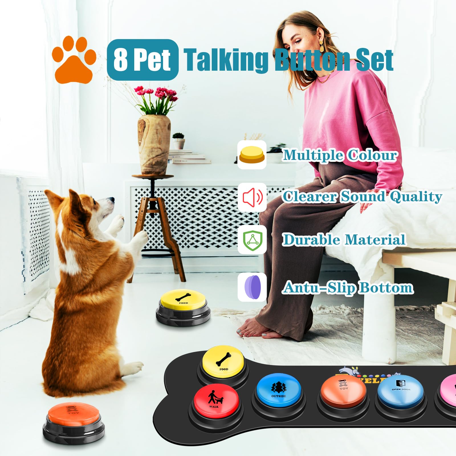 Dog Buttons For Communication Starter Pack 8 Dog Talking Button Set, 30S Voice Recording Speaking Button Pet Speech Training Buz