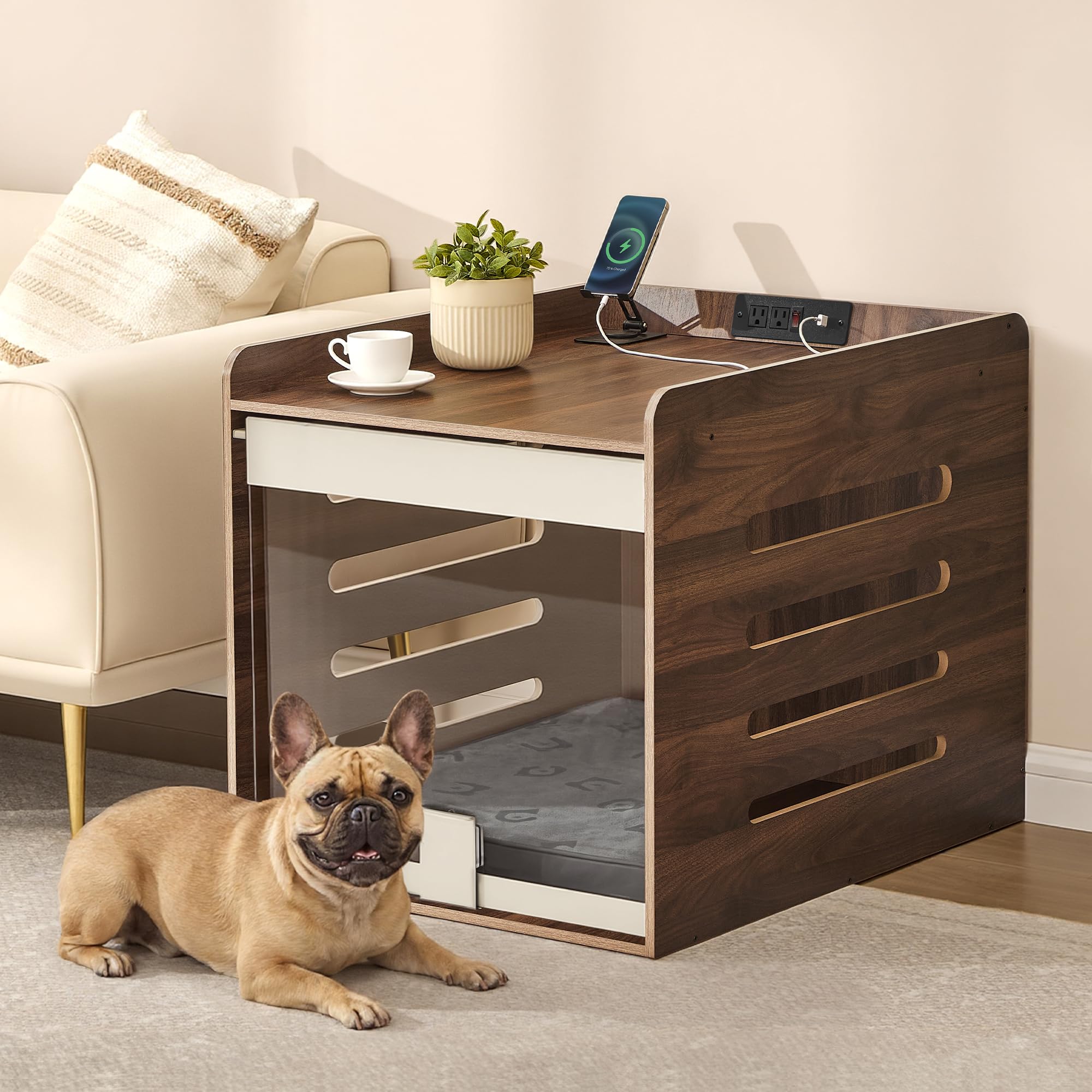 Feandrea Modern Dog Crate Furniture with Charging Station, Medium Kennel Indoor with Flip-up Hidden Acrylic Door, for Small and 