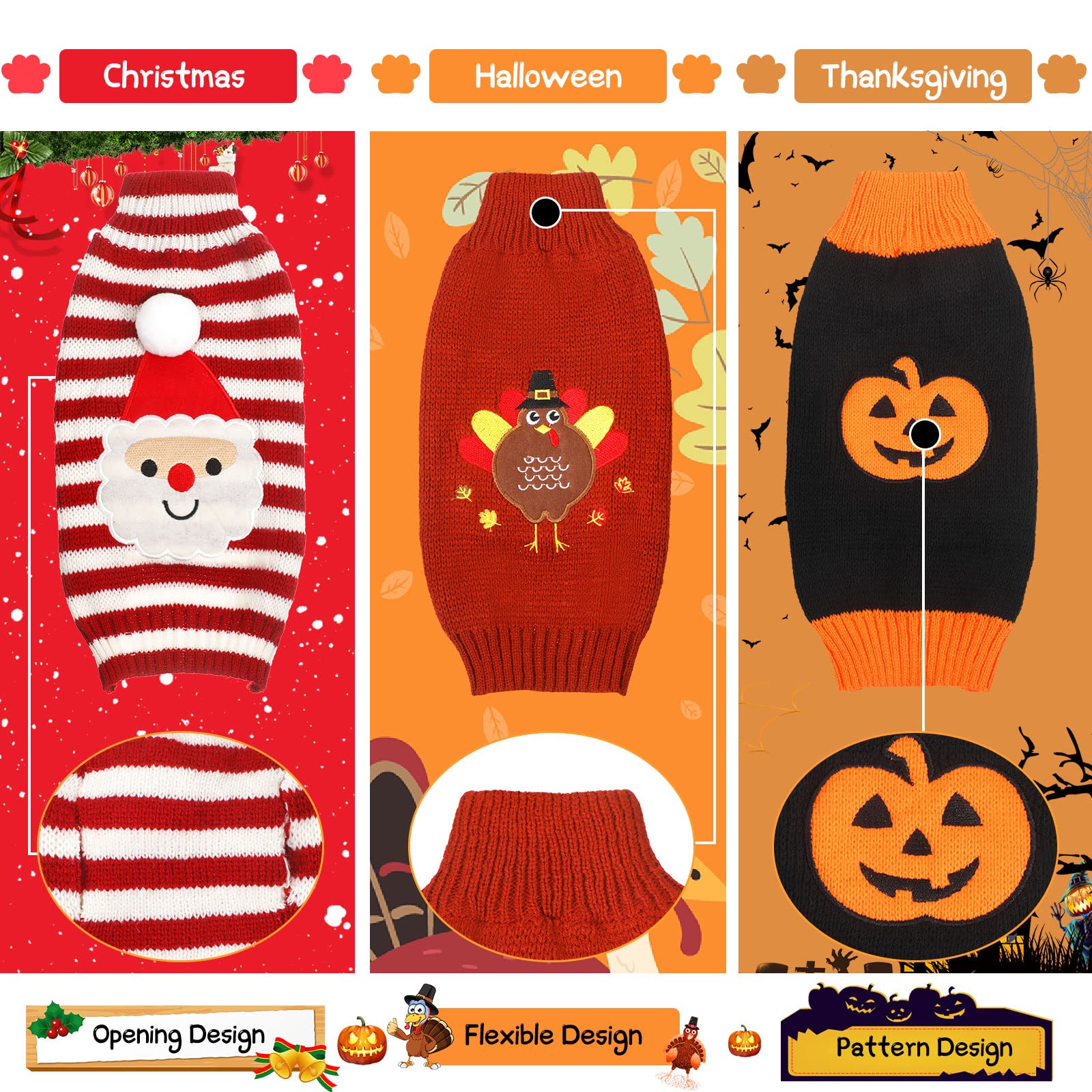 Sanwuta 3 Pieces Halloween Thanksgiving Christmas Dog Sweaters Sets Pumpkin Turkey Santa Puppy Dog Clothes Pet Knitwear For Dog Cat Pet Costume(X-Large)