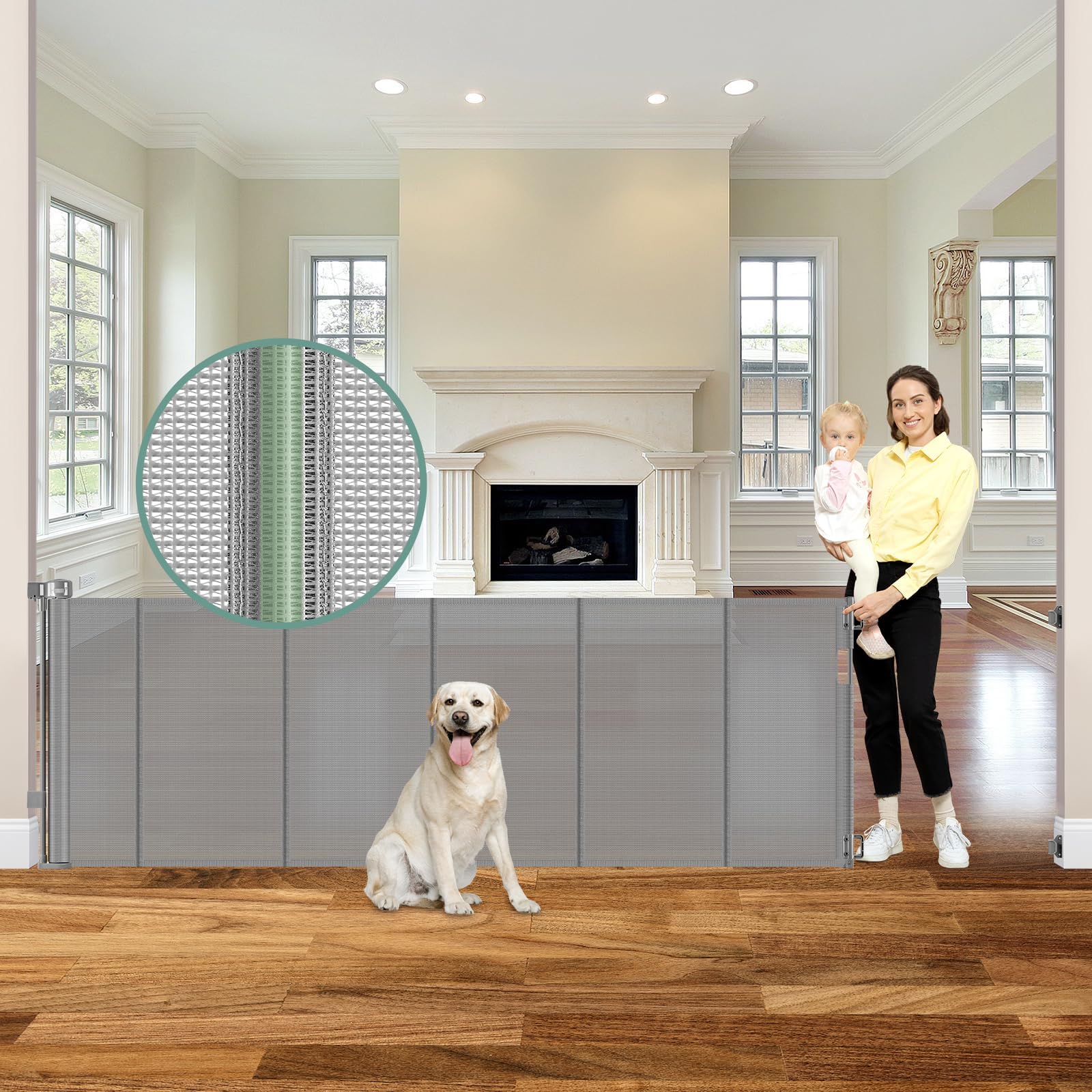Reinforced 120 Inch Extra Wide Retractable Baby Gate with Support Rods, 33    Tall Retractable Pet Gate for Dogs, Indoor/Outdoor