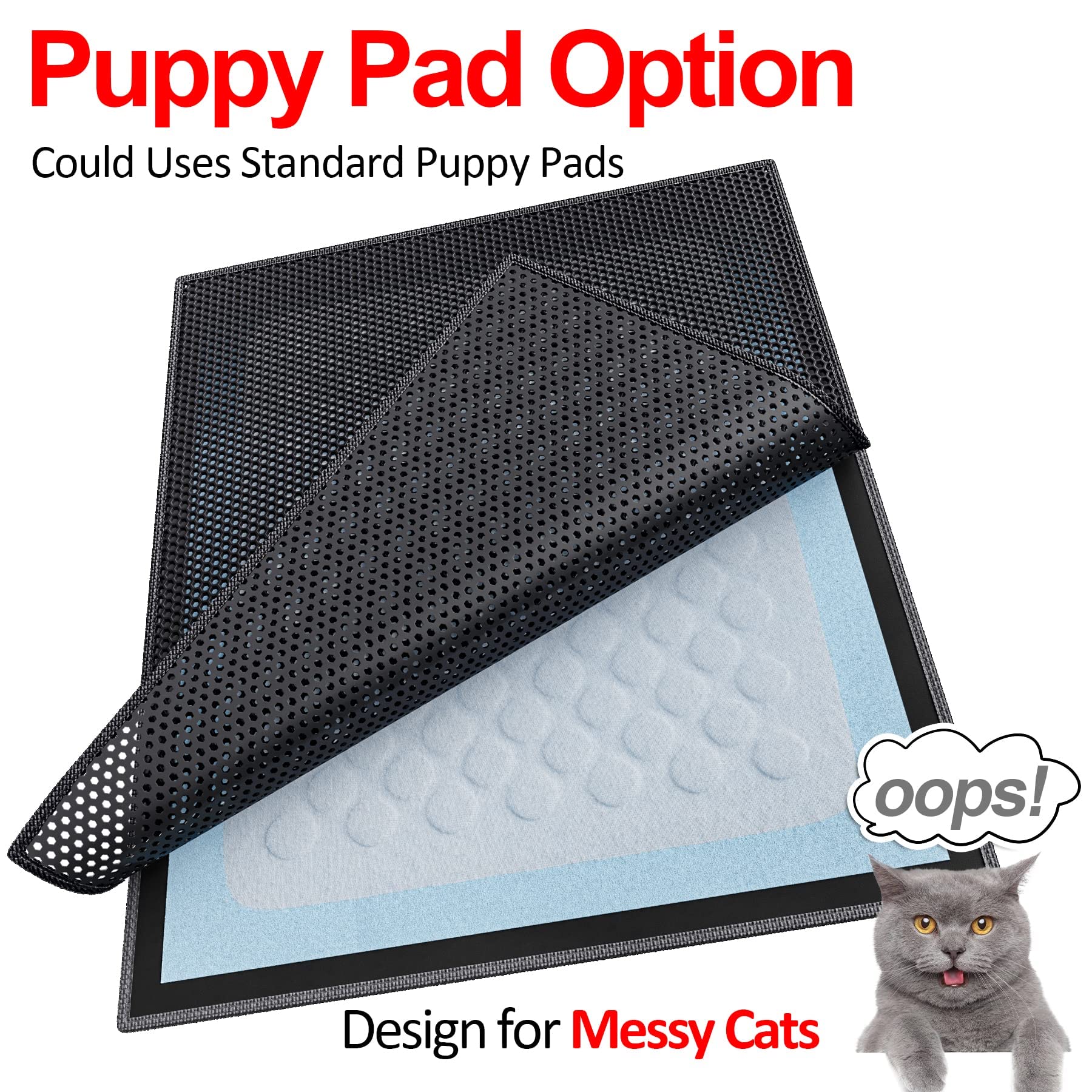 Waretary Cat Litter Mat 36'X 30', Kitty Pretty Litter Box Trapping Mat, Extra Large Xl Honeycomb Double Scatter Control Layer Mat, Urine & Waterproof, Washable, Easy Clean, Phthalate Free, Black