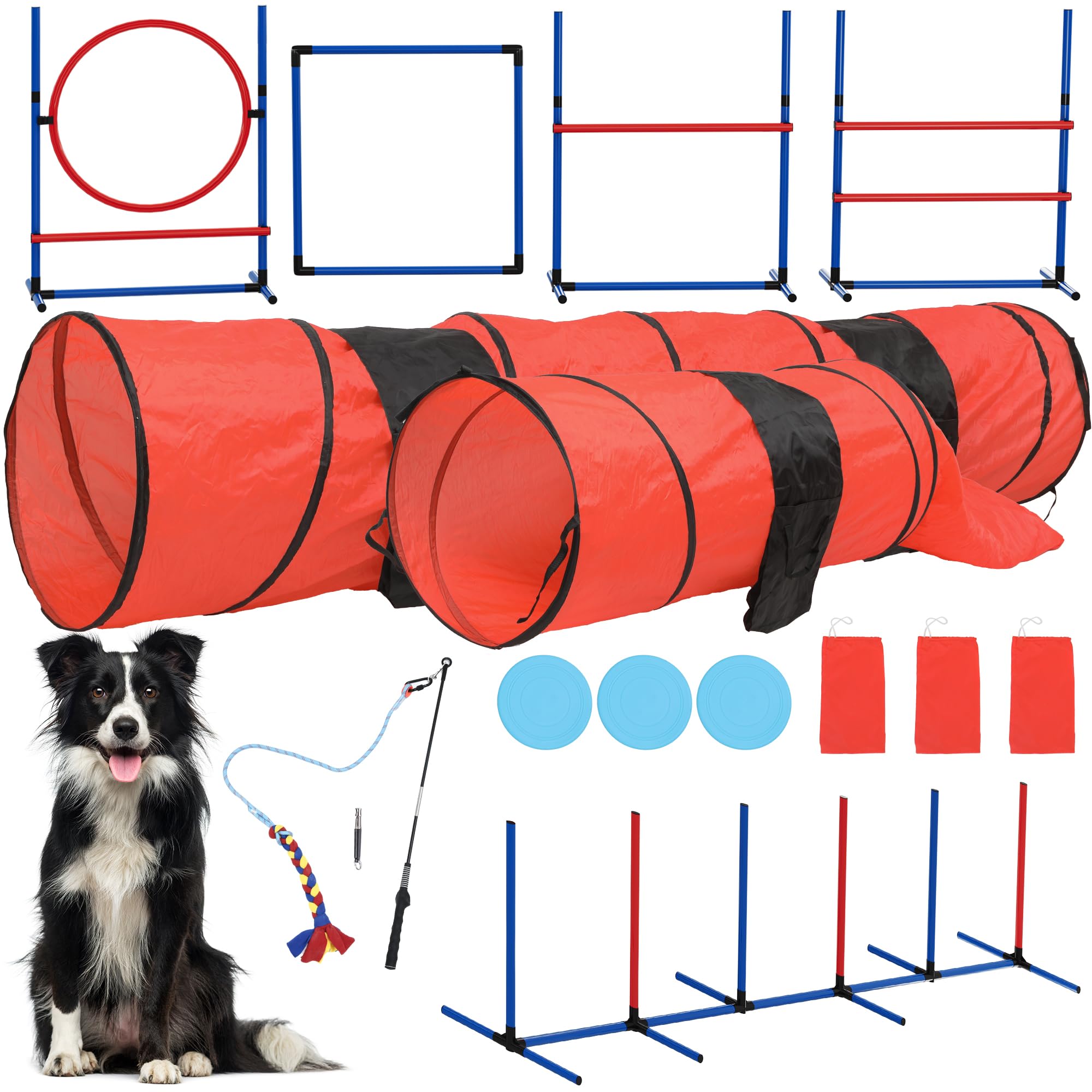 Yitahome Dog Agility Equipments, Includes Flirt Pole Toy, 3 Flying Discs, 2 Agility Tunnel, 3 Jumps, 6 Weave Poles, Pause Box,Ag