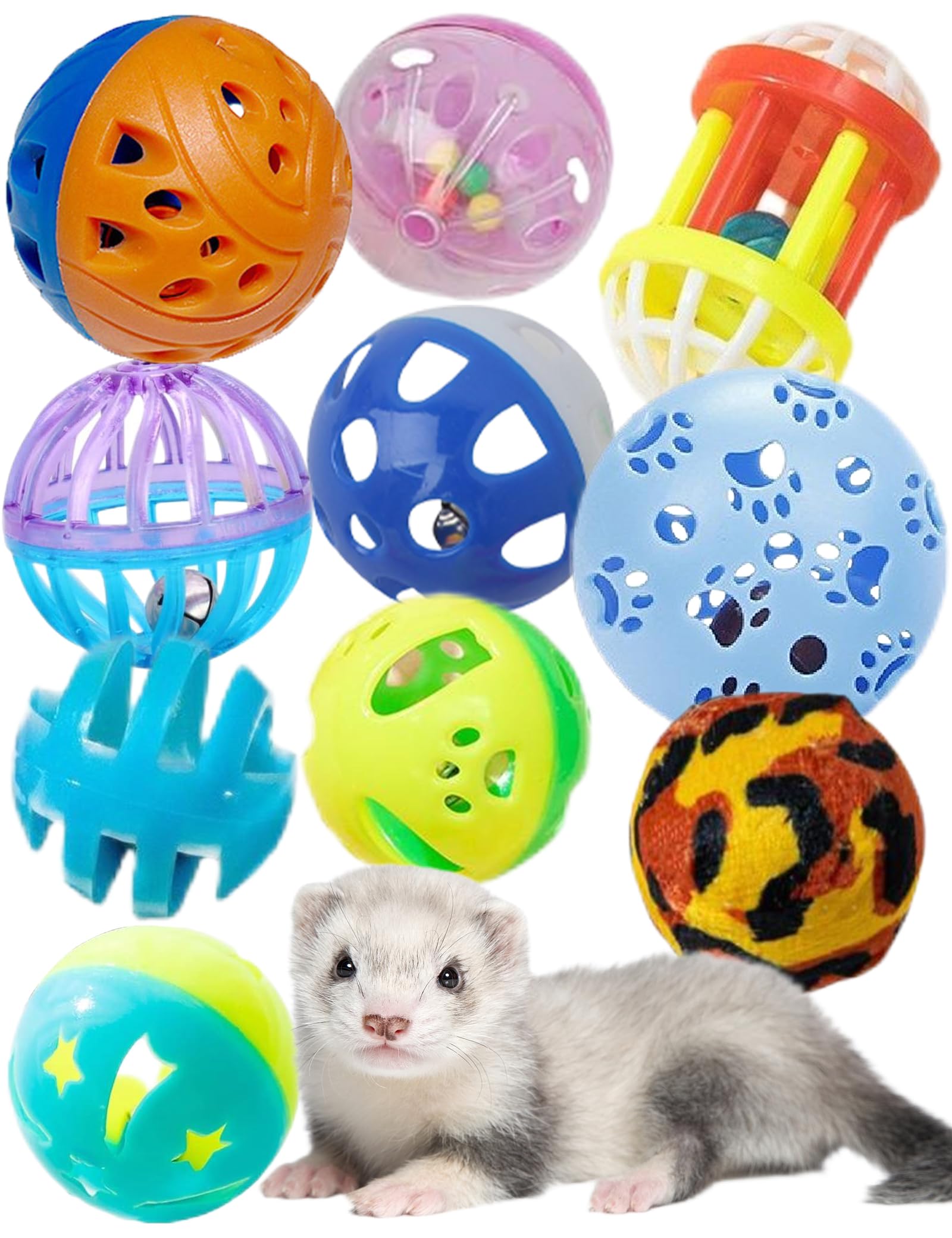 10-Pack Resilient Ferret Toys, Colorful Teething Balls, Bells, Interactive Stimulation, Easy-Clean For Oral Health (1.5'' - 2.7'