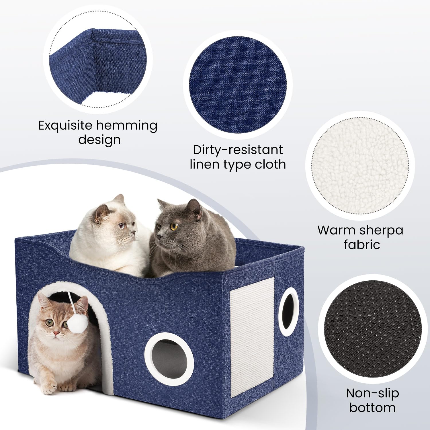 Heeyoo Large Cat House - Indoor Cat Bed Cave, Dark Blue, MDF, 23.8x15.9x13.2 Inch, Foldable with Scratch Pad & Fluffy Ball
